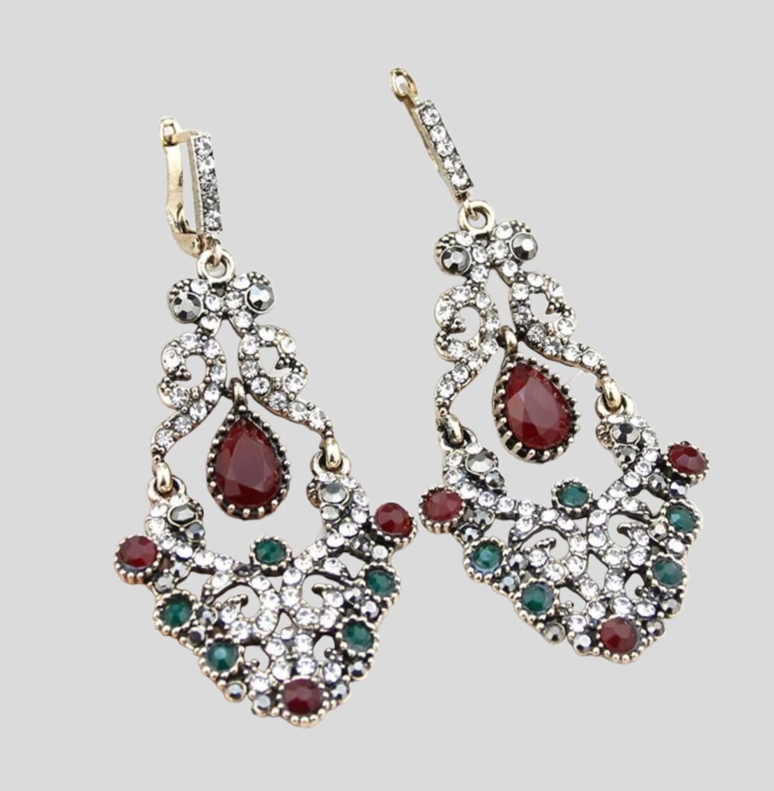 Gold Red Swarovski Crystal Dangle Chandelier Earrings