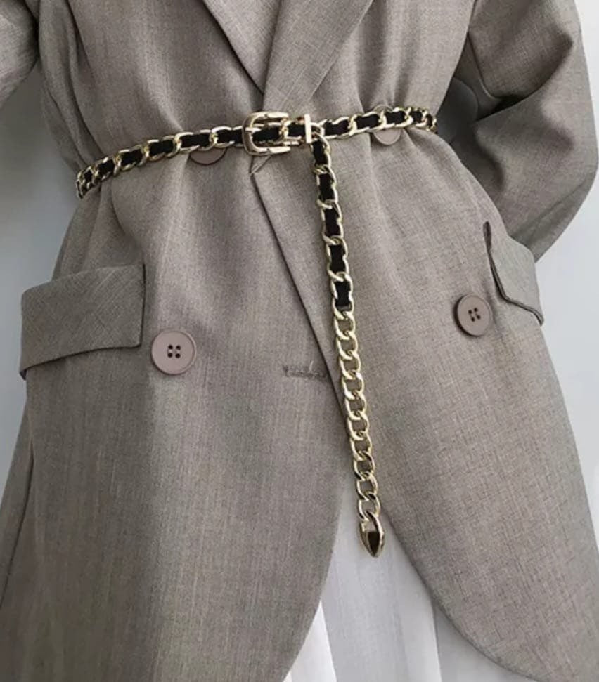 Silver Black Leather Buckle Dress Belt with Linked Chain