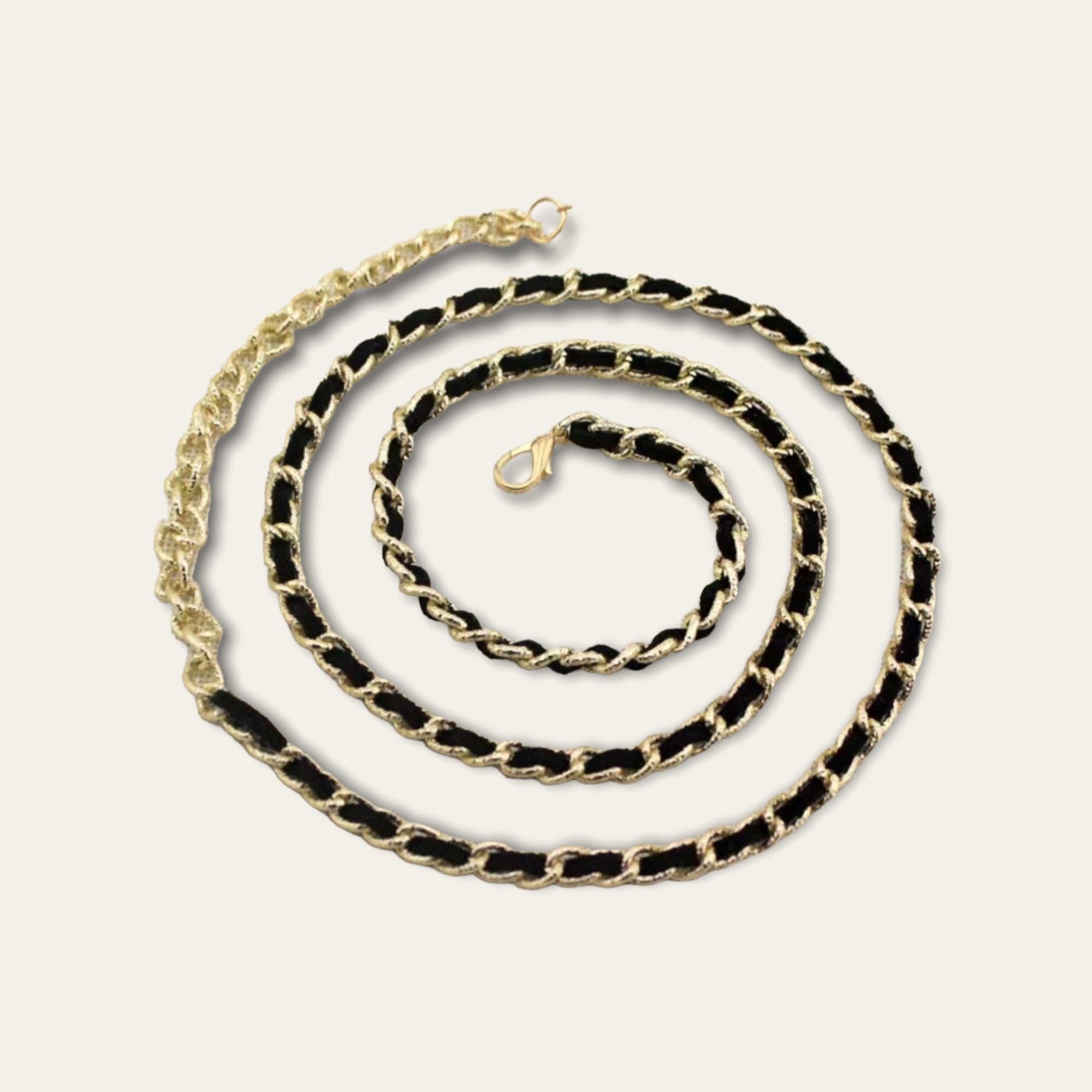 Gold black velvet skinny link chain with pearl embellishment belt