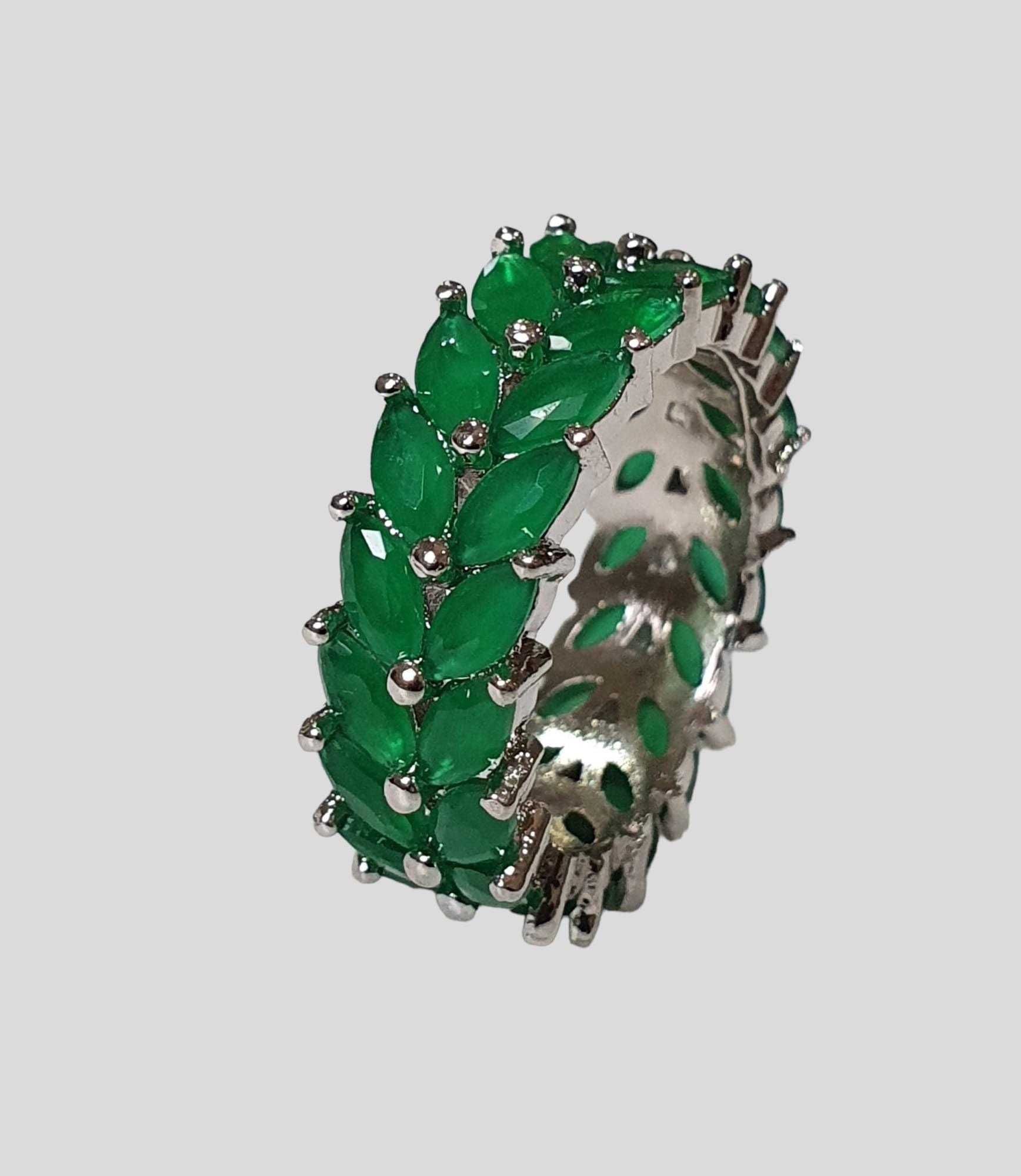 Silver Green Swarovski Crystal Leaf Ring