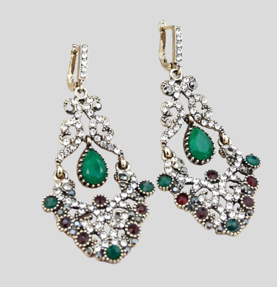 Gold Green Swarovski Crystal Dangle Chandelier Earrings