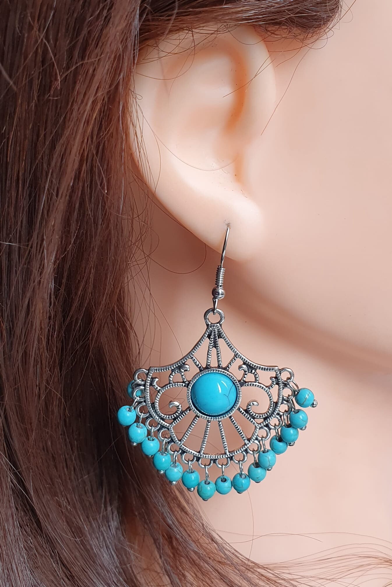 Aqua Blue Silver Ball Indian Jhumka Earrings