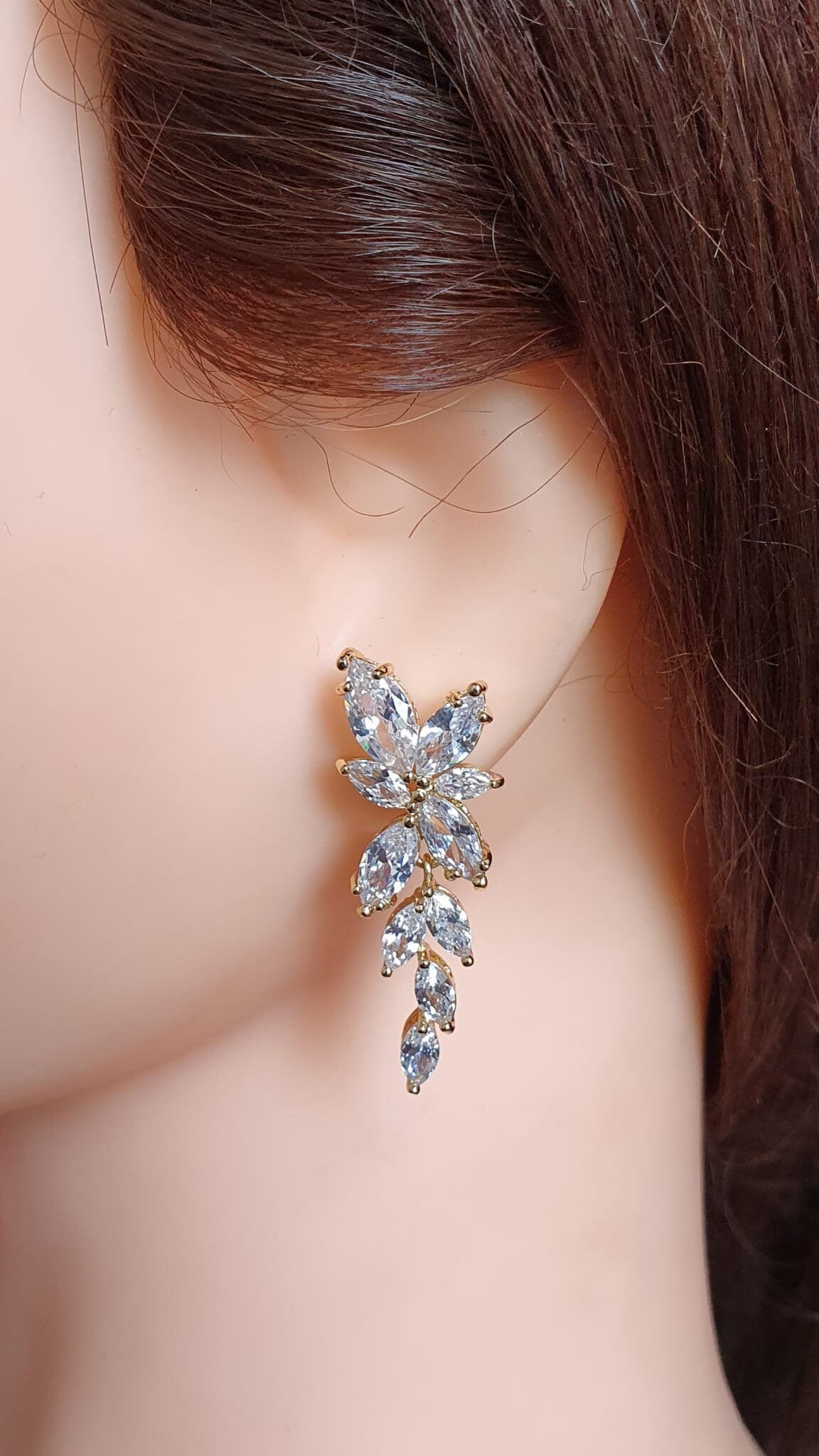 Rose Gold Swarovski Crystal Flower Leaf Long Drop Earrings