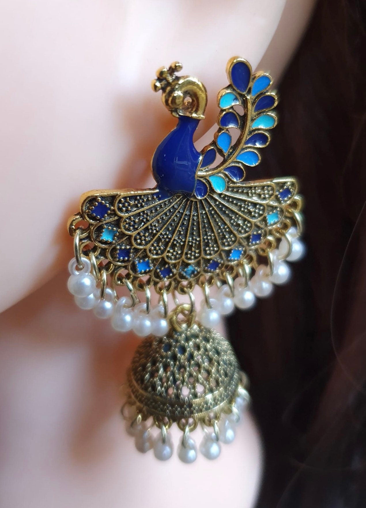 Gold Blue Long Chandelier Peacock Earrings