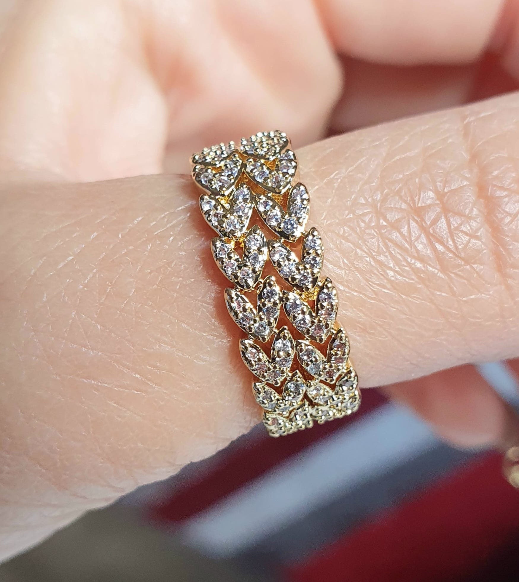 Gold Swarovski Crystal Linked Leaf Open Adjustable Ring