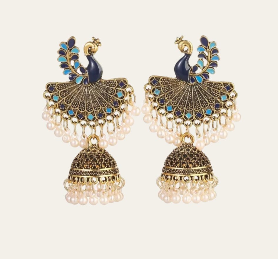 Gold Blue Long Chandelier Peacock Earrings