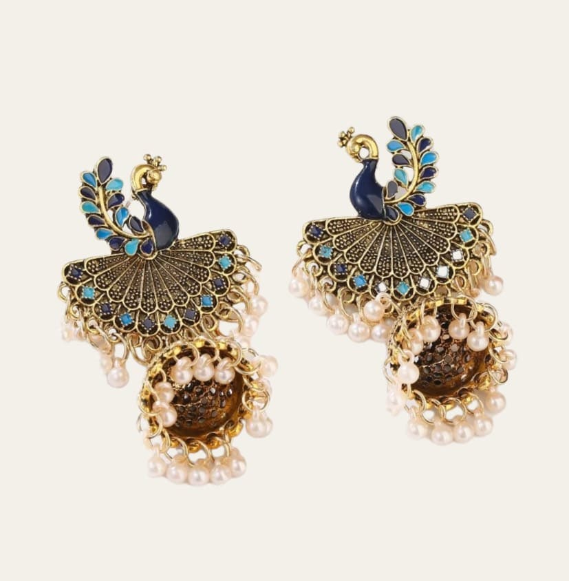 Gold Blue Long Chandelier Peacock Earrings