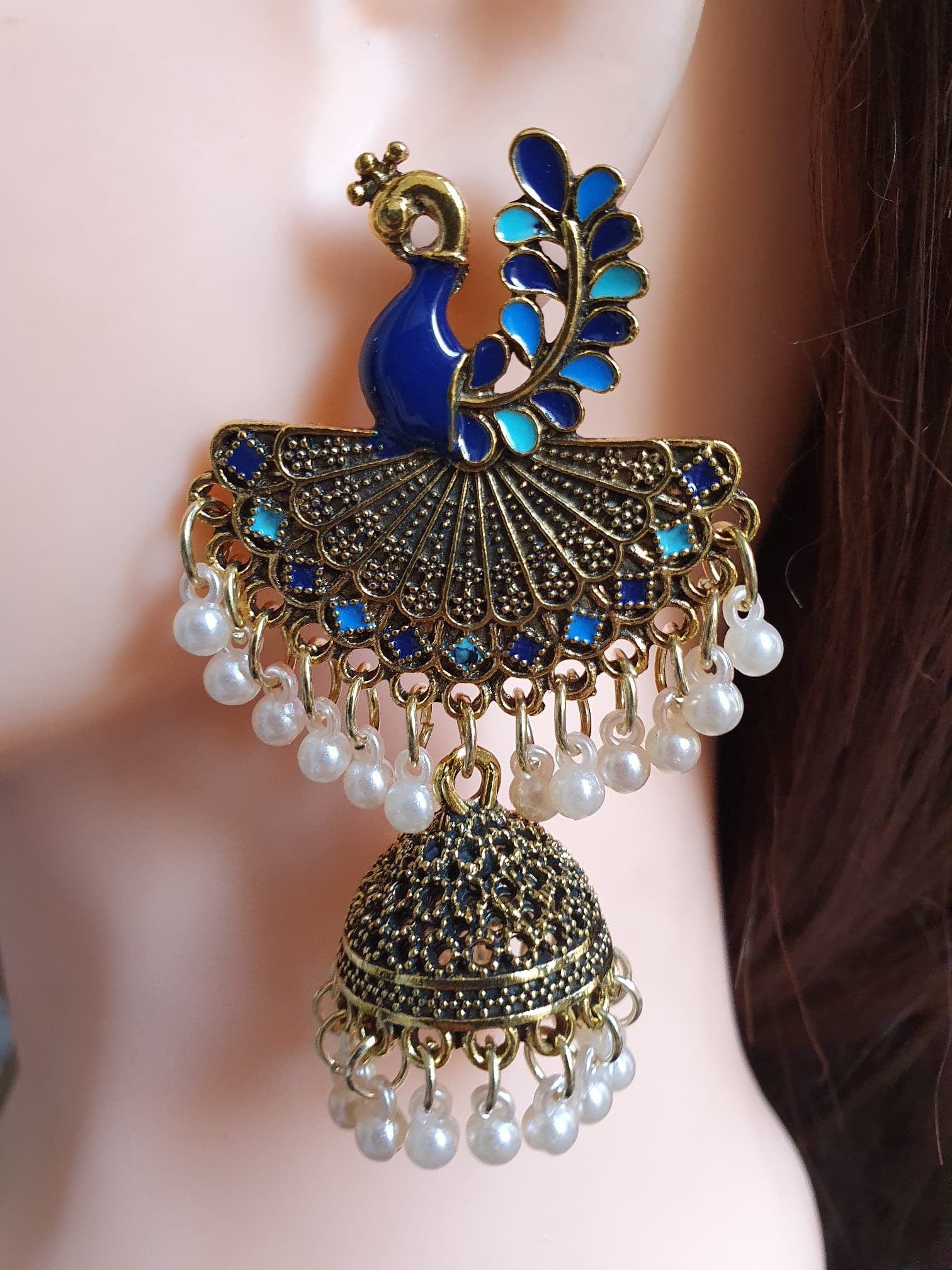 Gold Blue Long Chandelier Peacock Earrings