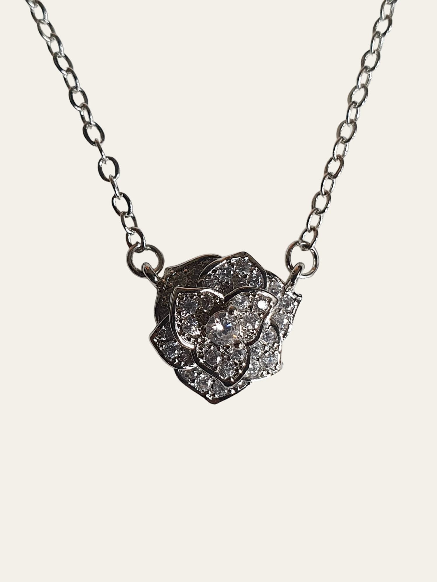 Silver Cut Out Layered Rose Swarovski Crystal Pendant Necklace