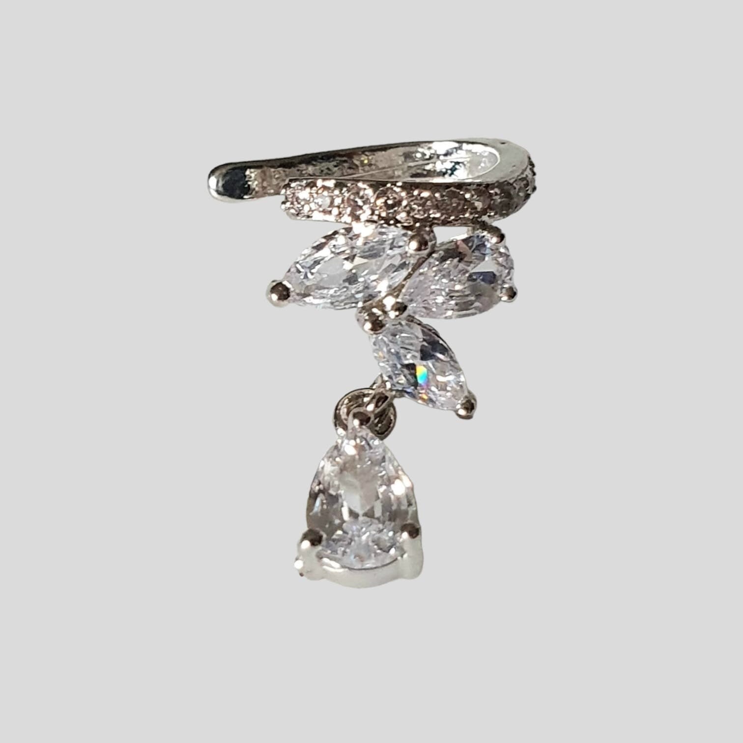 Silver Crystal Leaf Drop Ear Cuff Earring