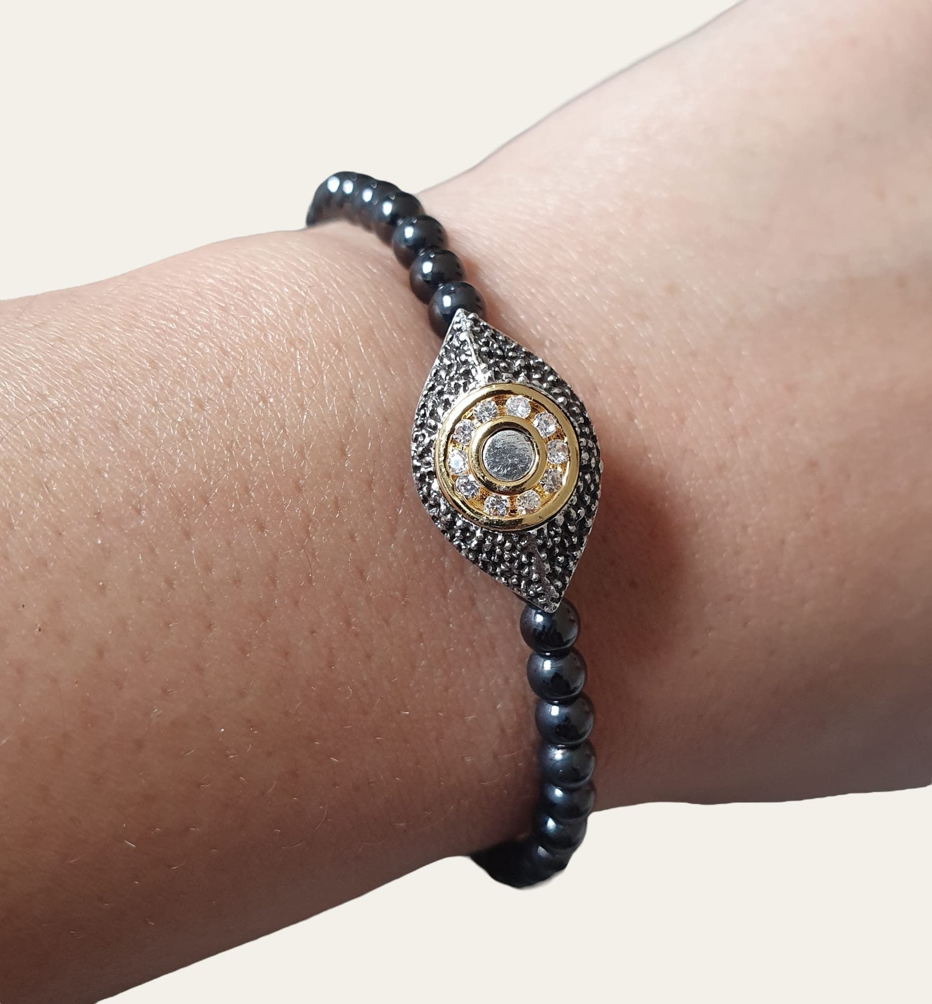 Gunmetal Grey Swarovski Crystal Evil Eye Adjustable Bracelet