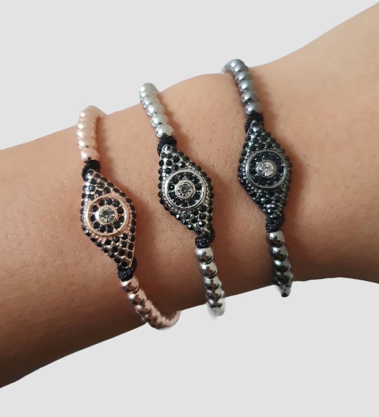 Black Evil Eye Swarovski Crystal Adjustable Flat Bracelet