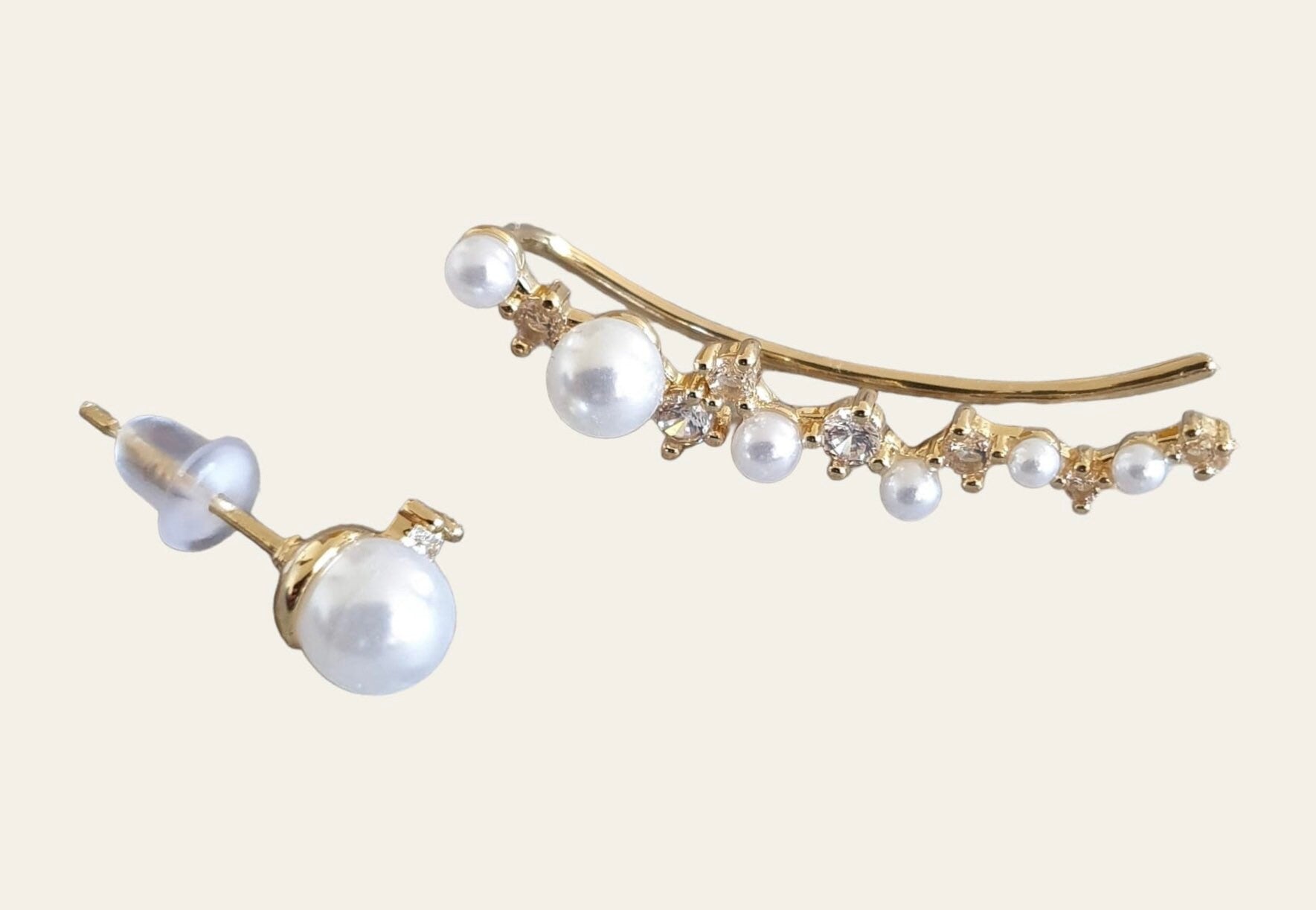 Gold Pearl Swarovski Crystal Wrap Ear Cuff Earring and Stud