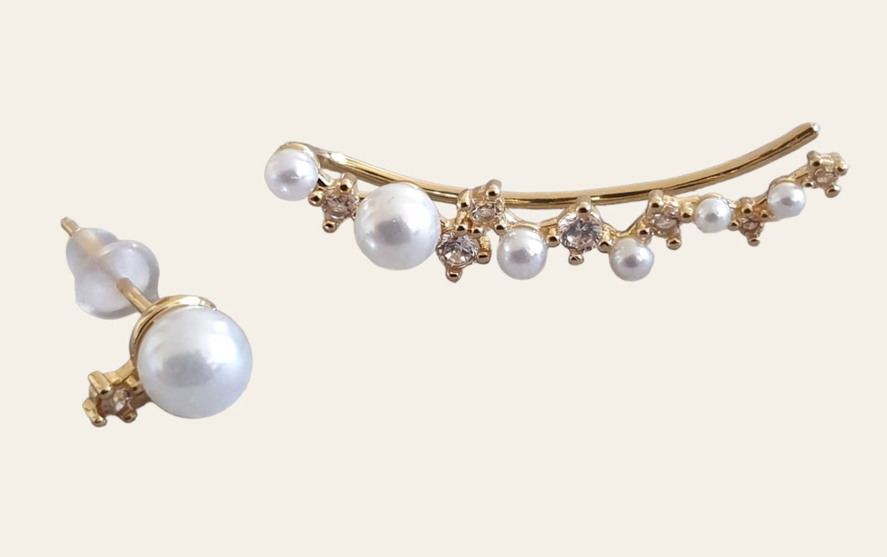 Gold Pearl Swarovski Crystal Wrap Ear Cuff Earring and Stud