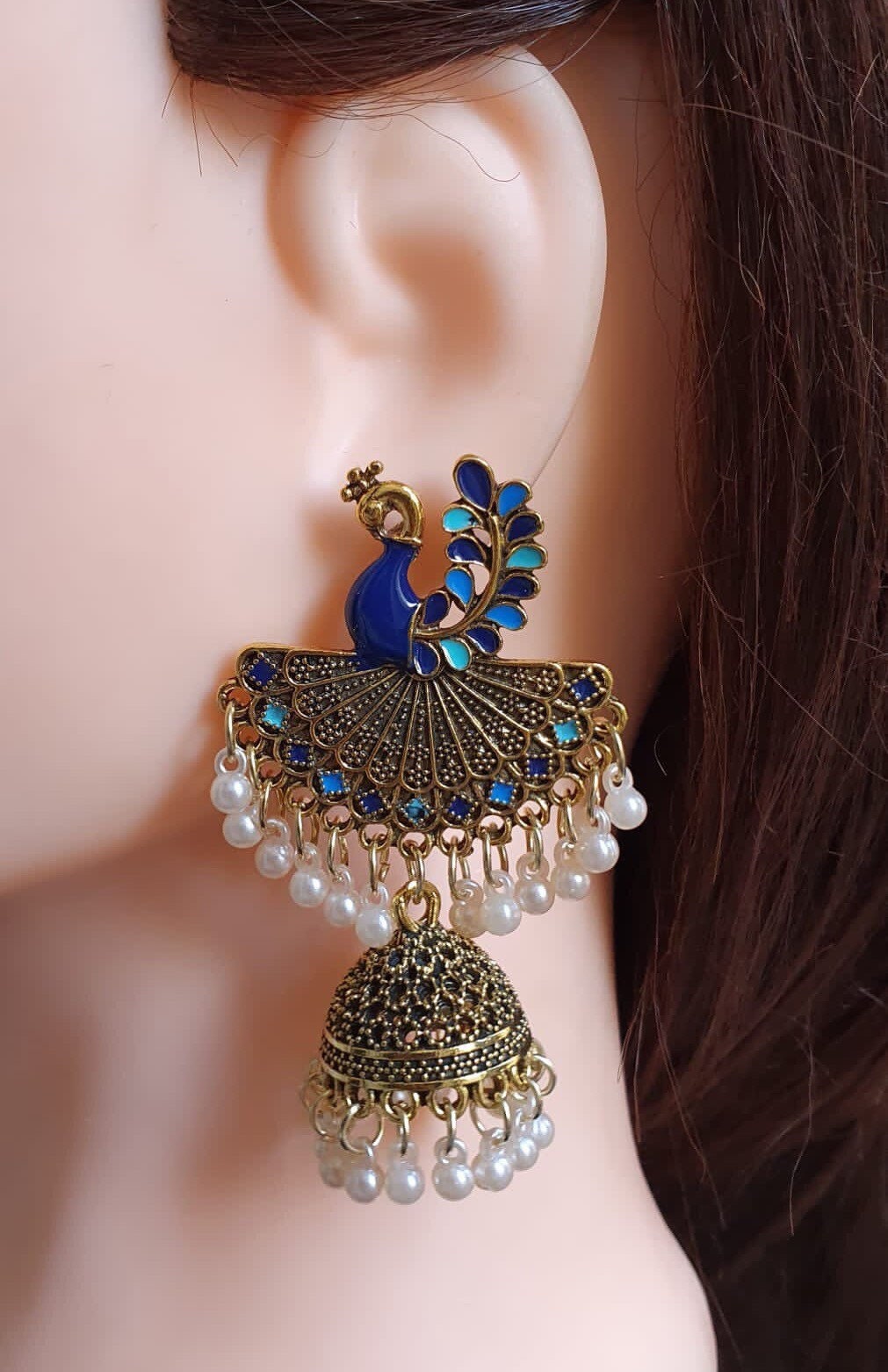 Gold Blue Long Chandelier Peacock Earrings
