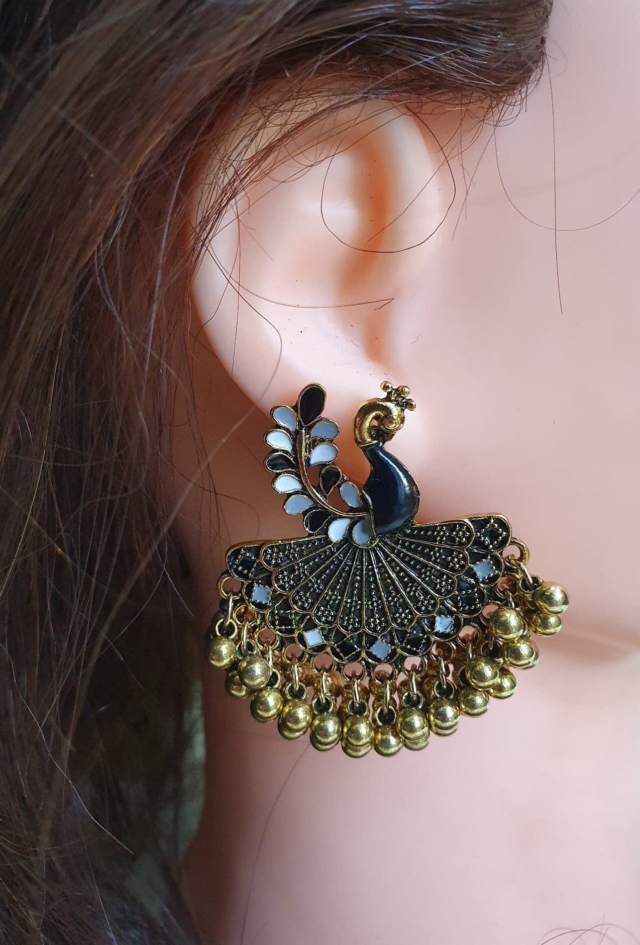 Gold Black Large Peacock Chandelier Jhumka Earrings