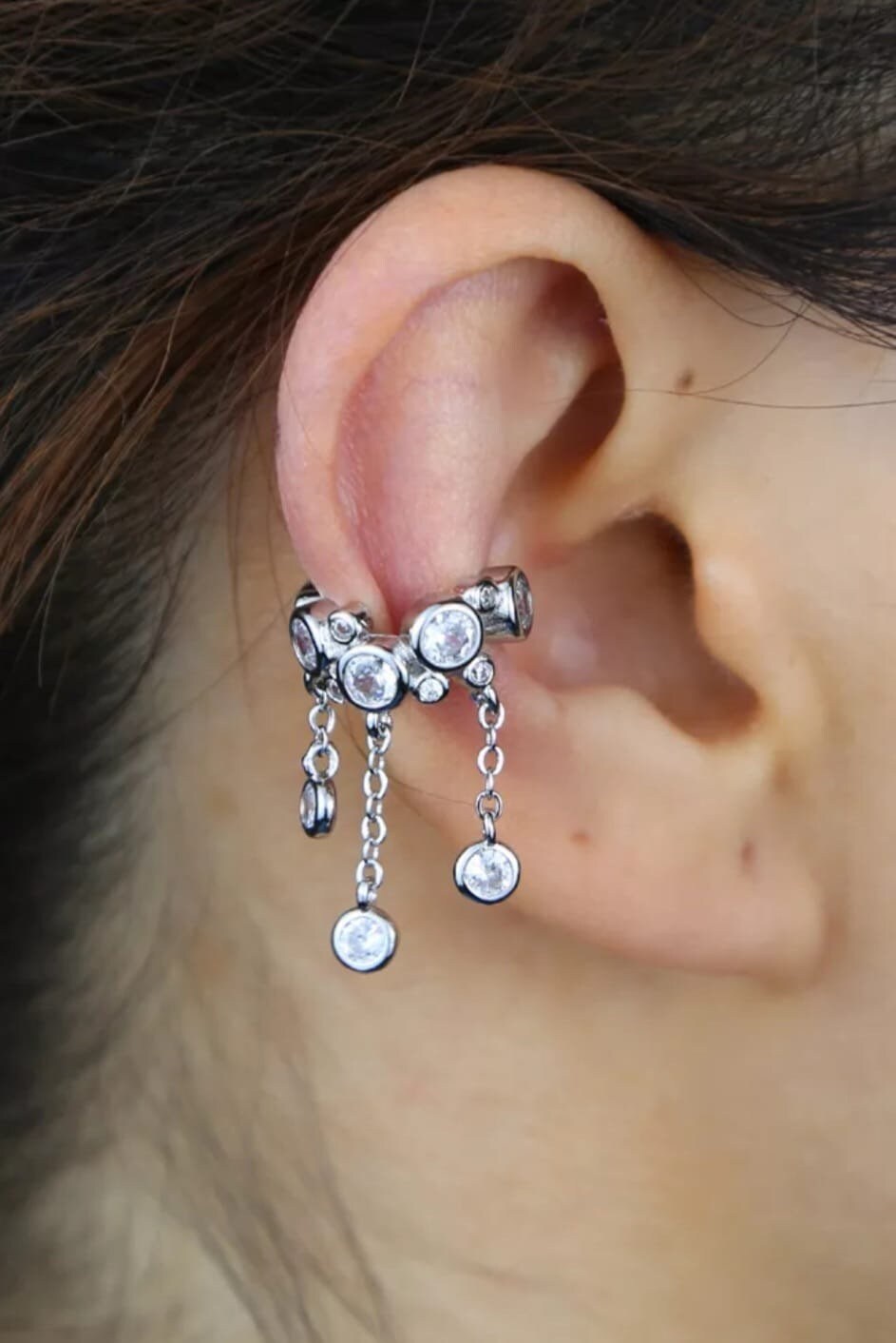 Silver Swarovski Crystal Long Tassel Chain Ear Cuff Earring