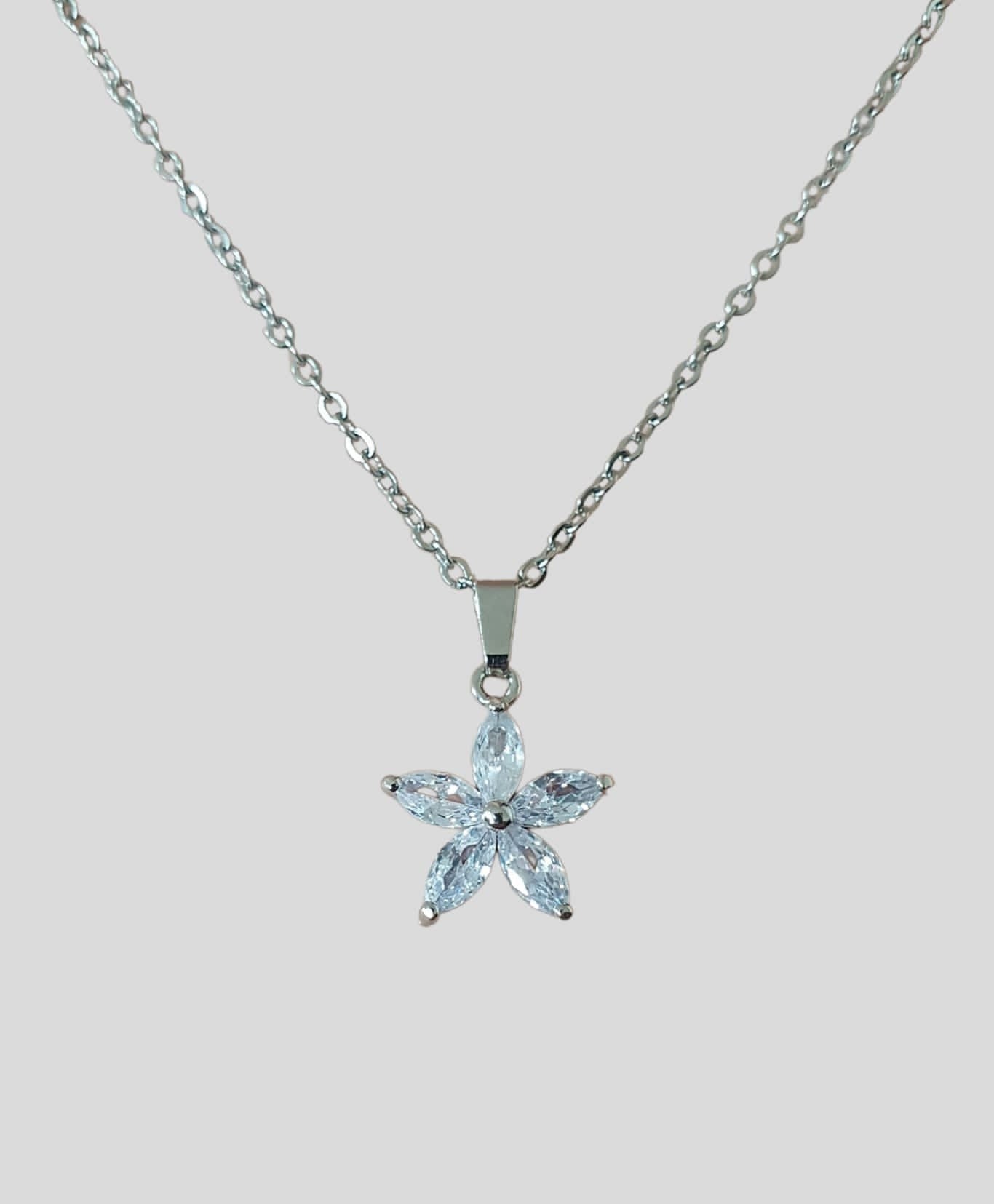 Silver Flower Swarovski Crystal Star Necklace And Pendant