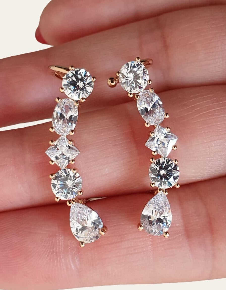 Gold Swarovski Crystal Water Drop Ear Climber Earrings