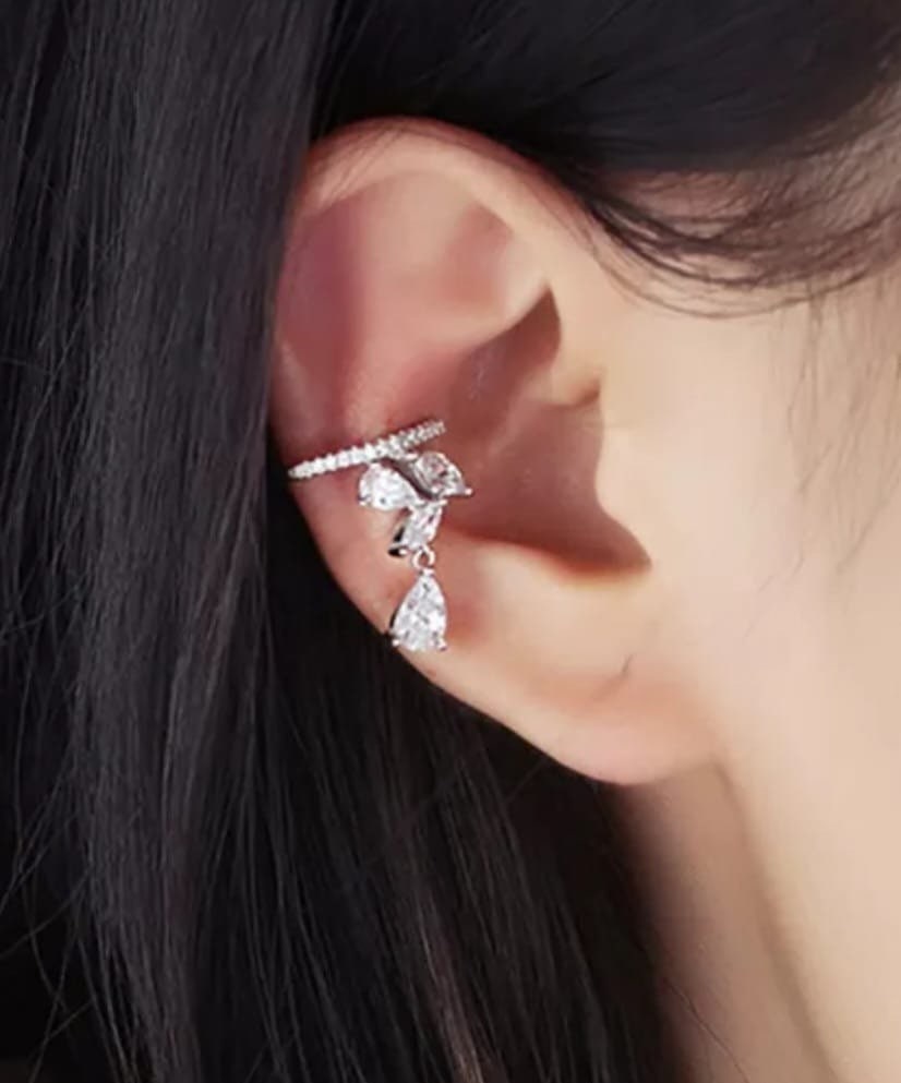 Rose Gold Swarovski Crystal Leaf Drop Slide on Ear Cuff