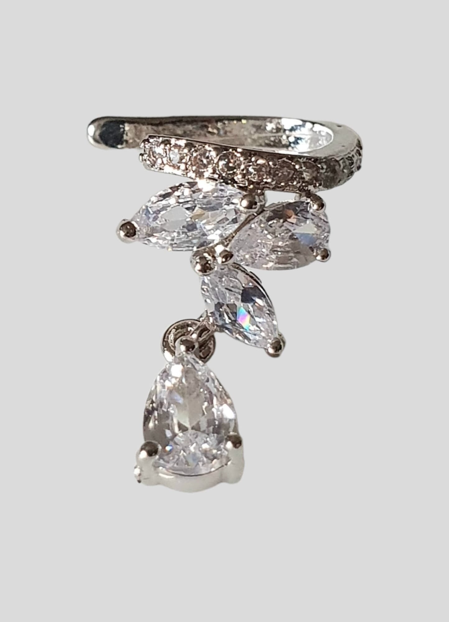 Silver Crystal Leaf Drop Ear Cuff Earring