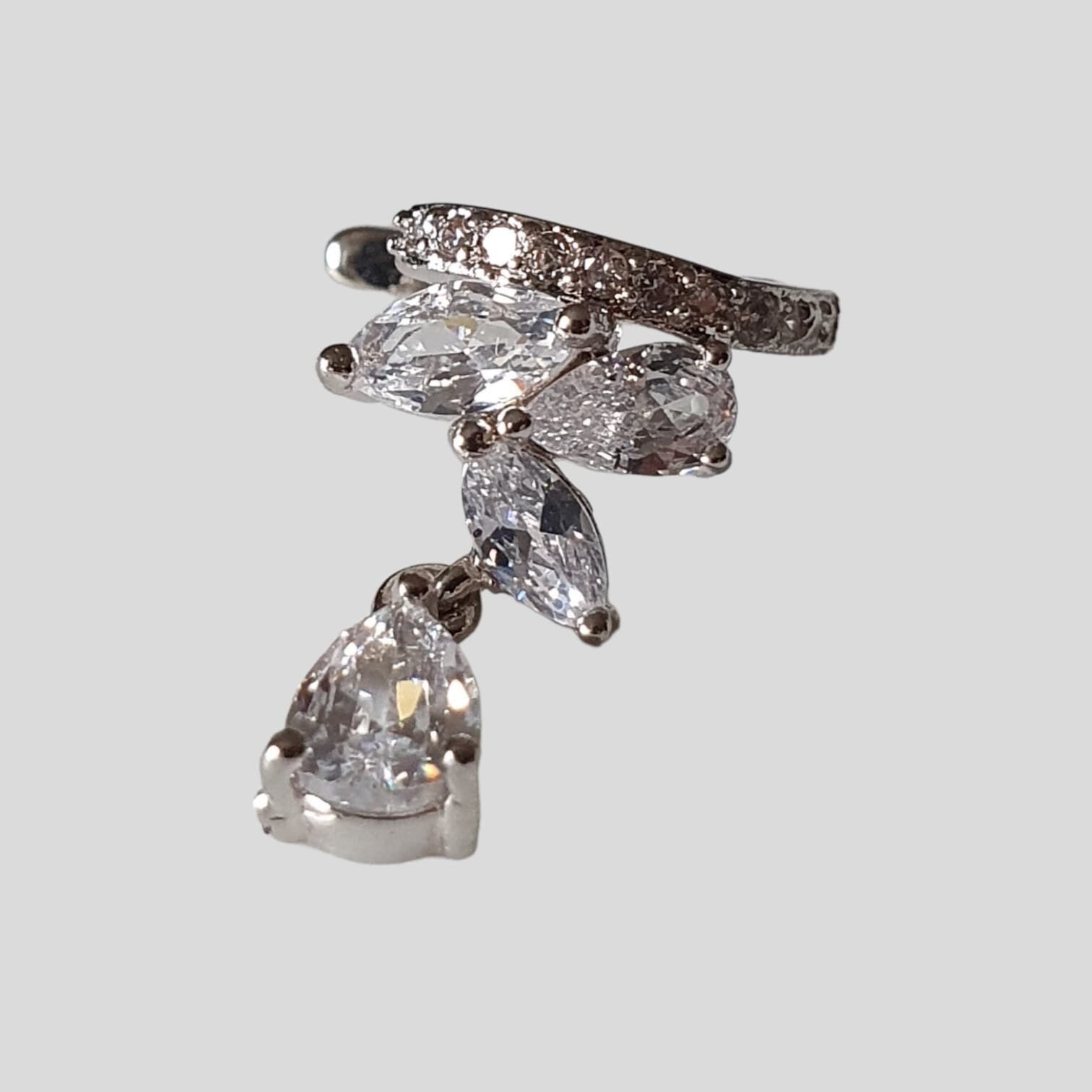 Silver Crystal Leaf Drop Ear Cuff Earring