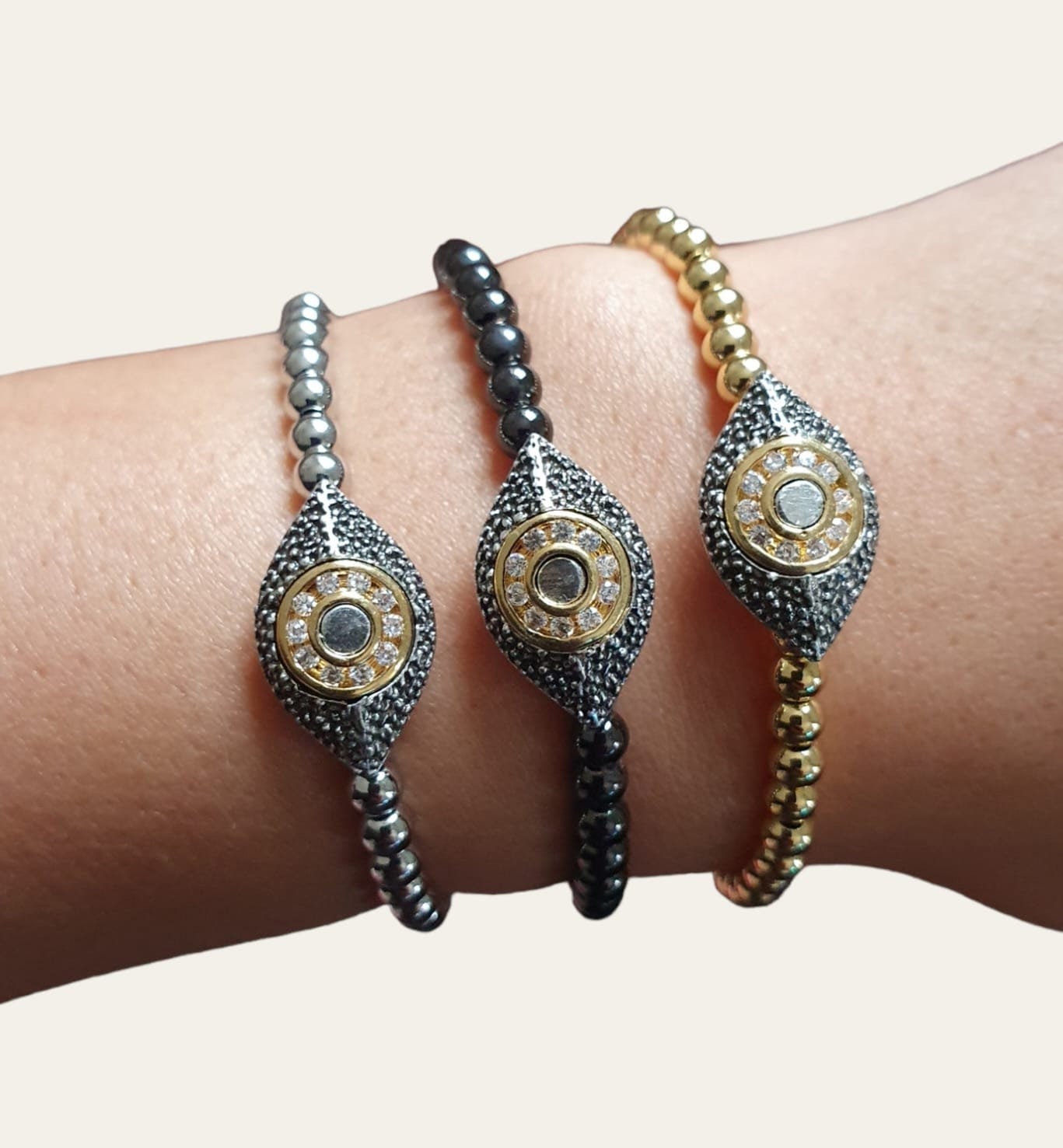 Gold Silver Swarovski Crystal Evil Eye Beaded Bracelet