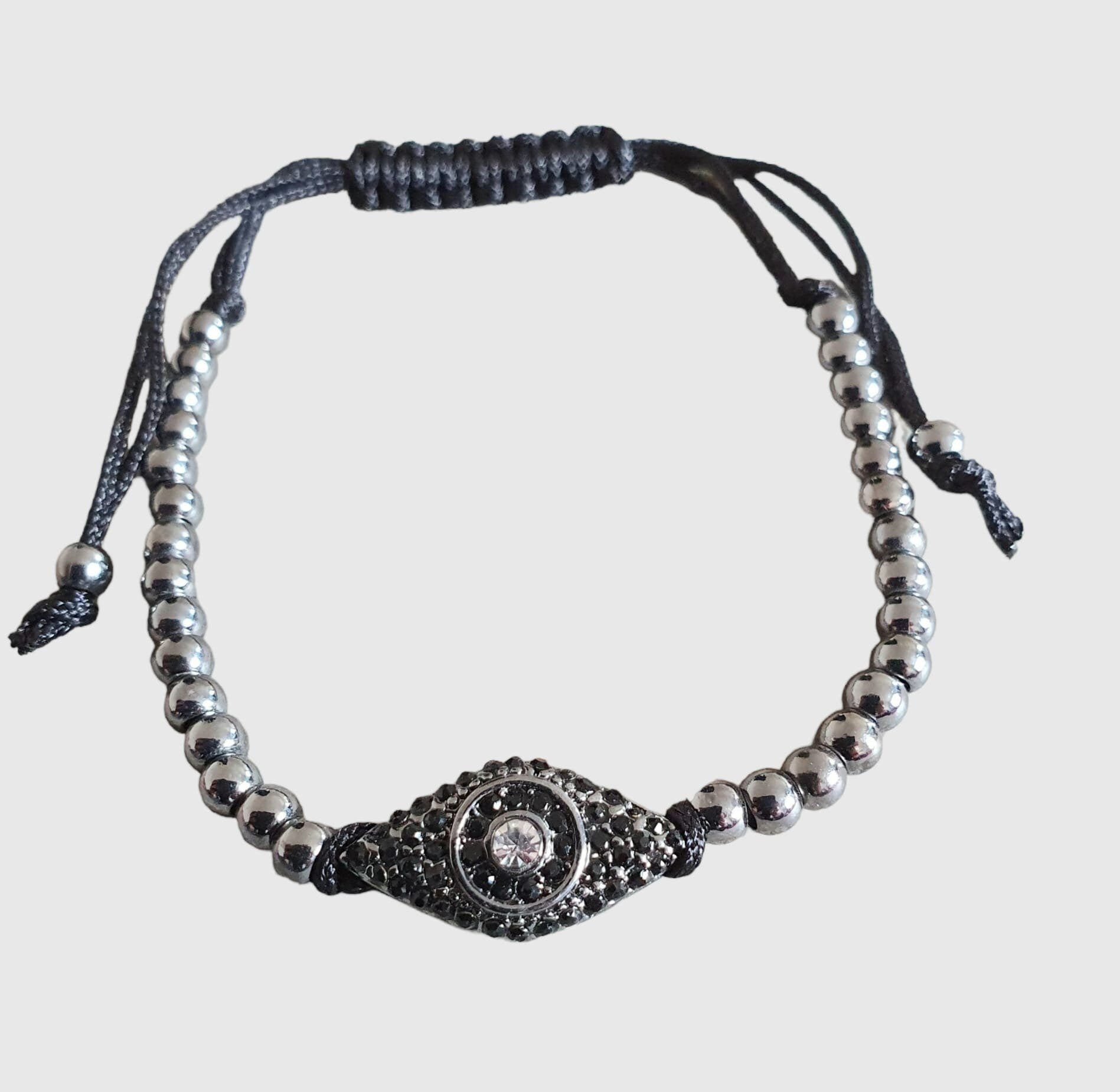 Black Evil Eye Swarovski Crystal Adjustable Flat Bracelet