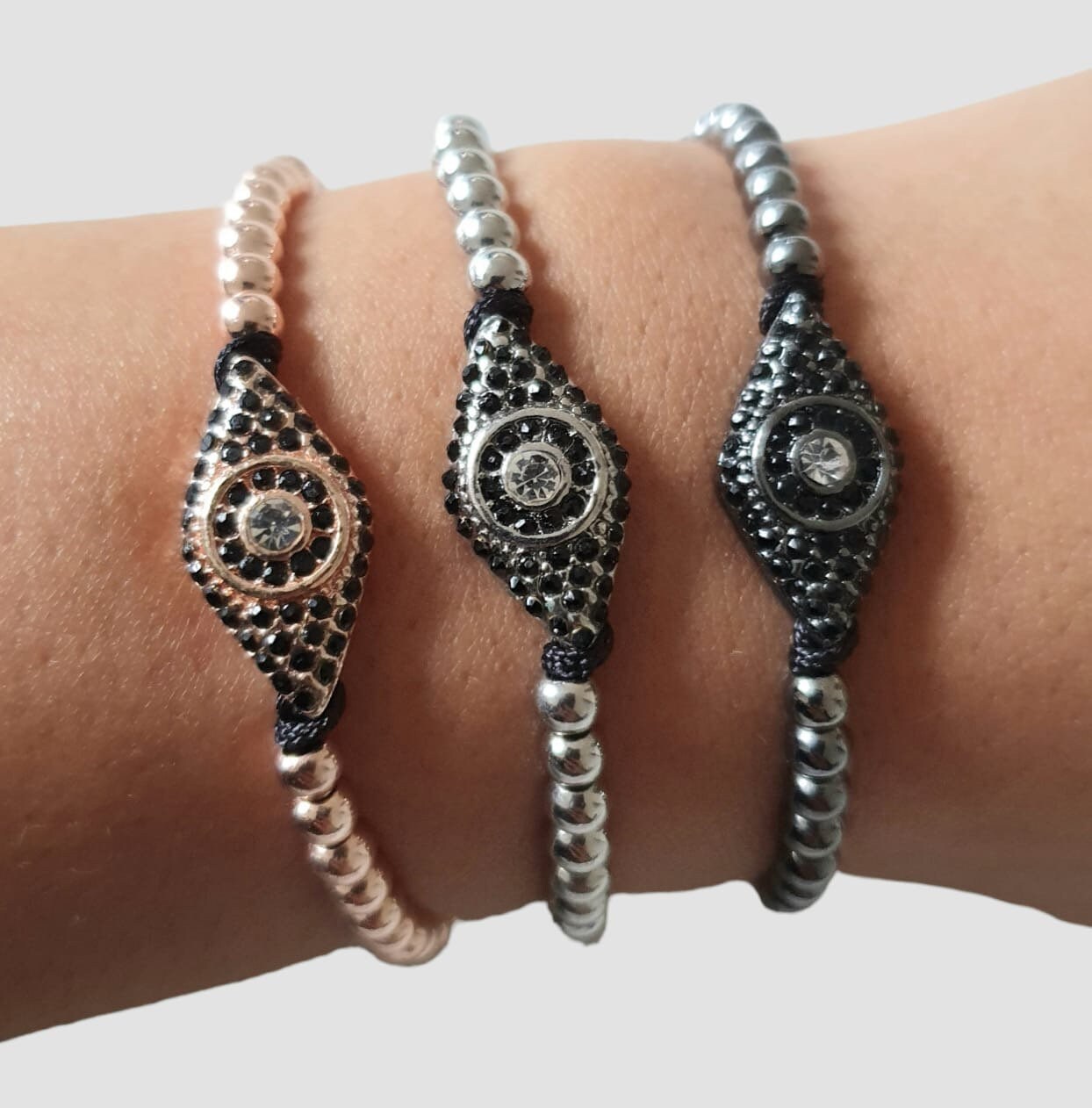 Black Evil Eye Swarovski Crystal Adjustable Flat Bracelet