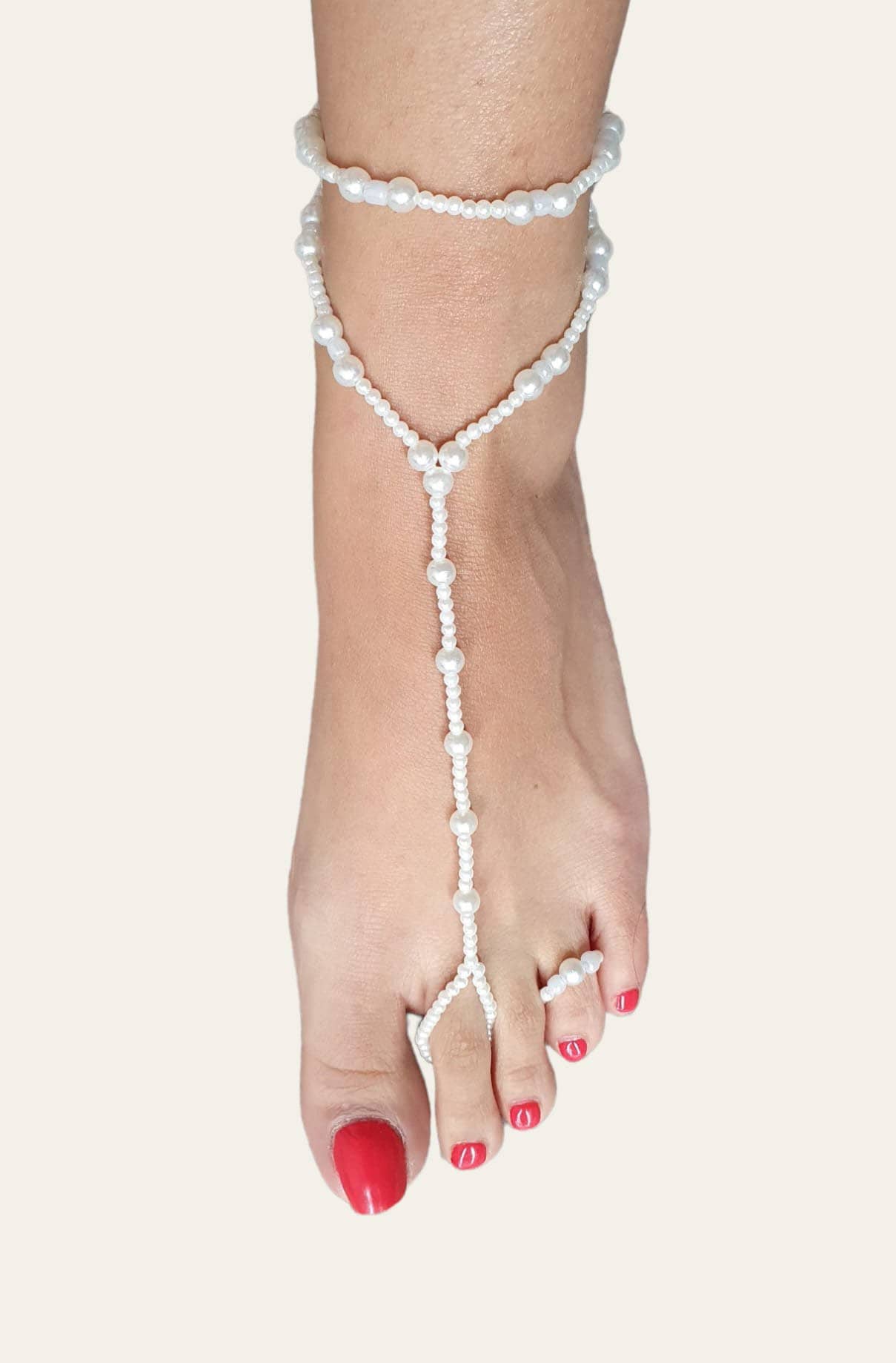 White Pearl Elastic Adjustable Beach Foot Anklet and Ring