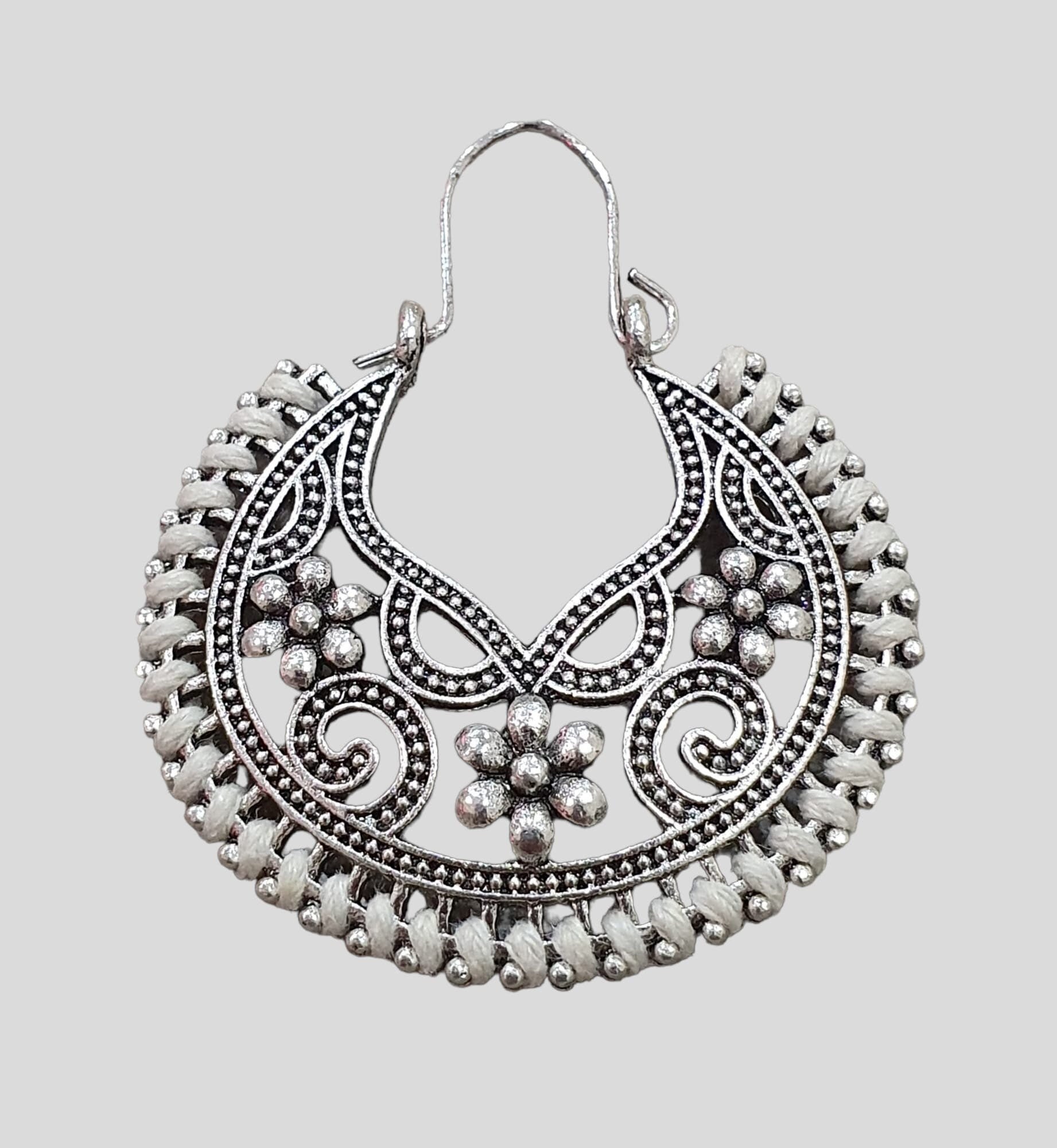 Round Silver Off-White Rope Bohemian Flower Cut-Out Hoops