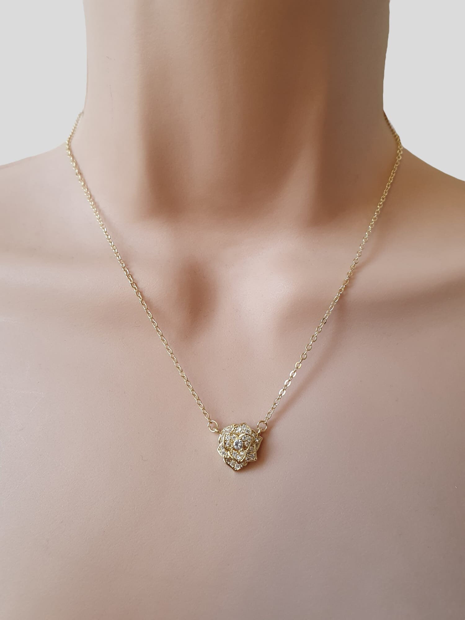 Rose Gold Swarovski Crystal Rose Flower Layered Pendant Necklace