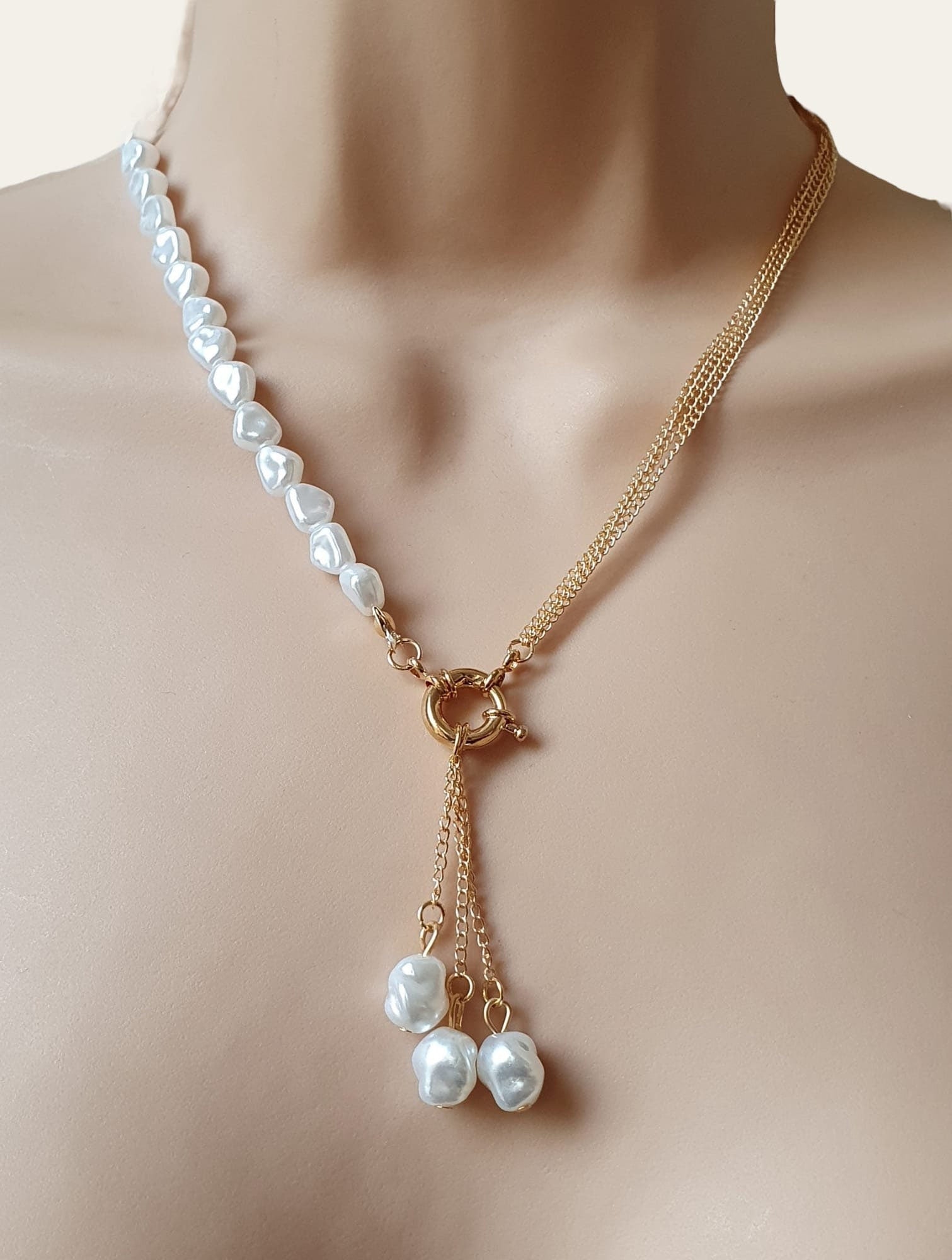 Gold Pearl Tassel Choker Necklace