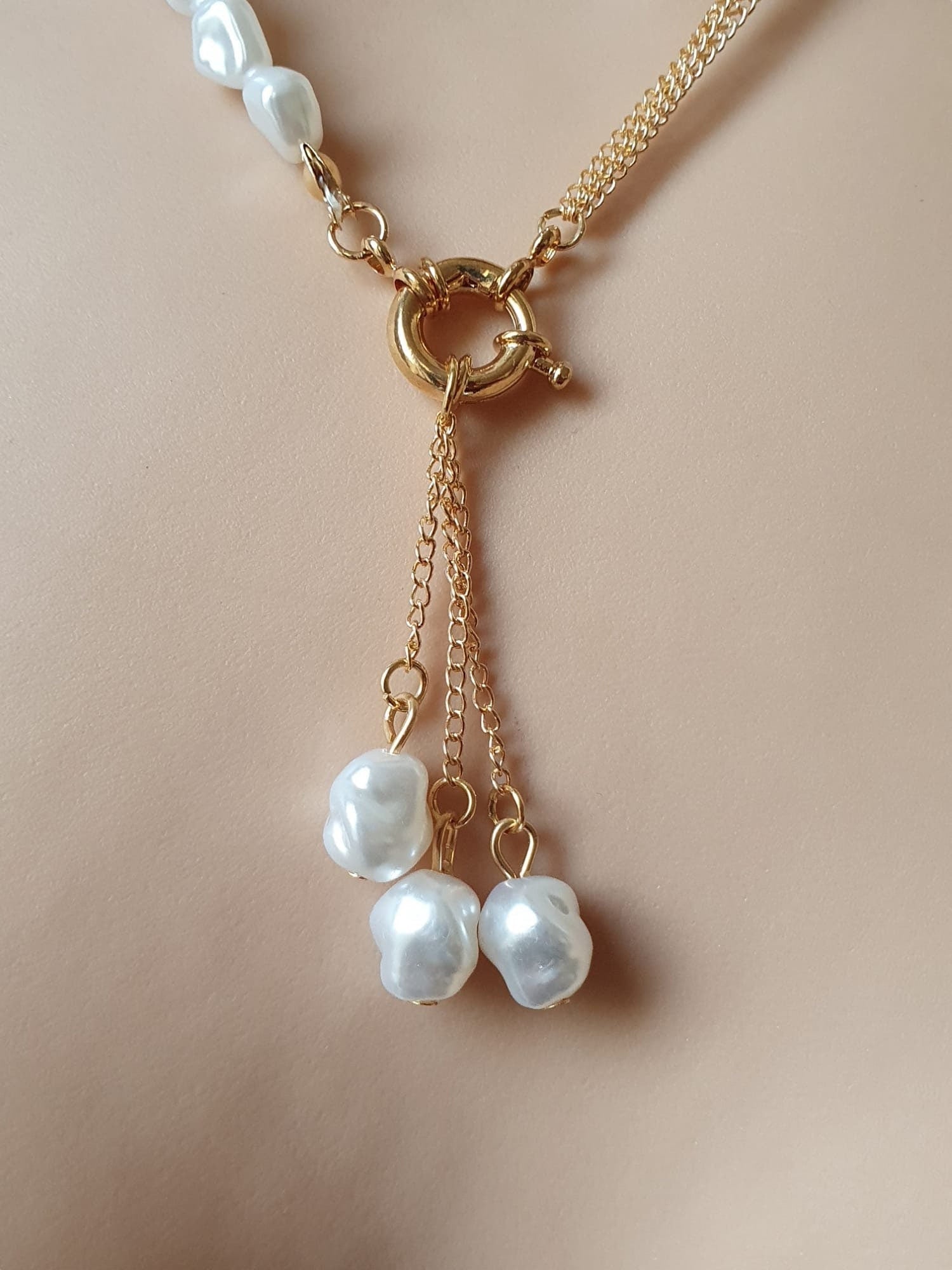 Gold Pearl Tassel Choker Necklace