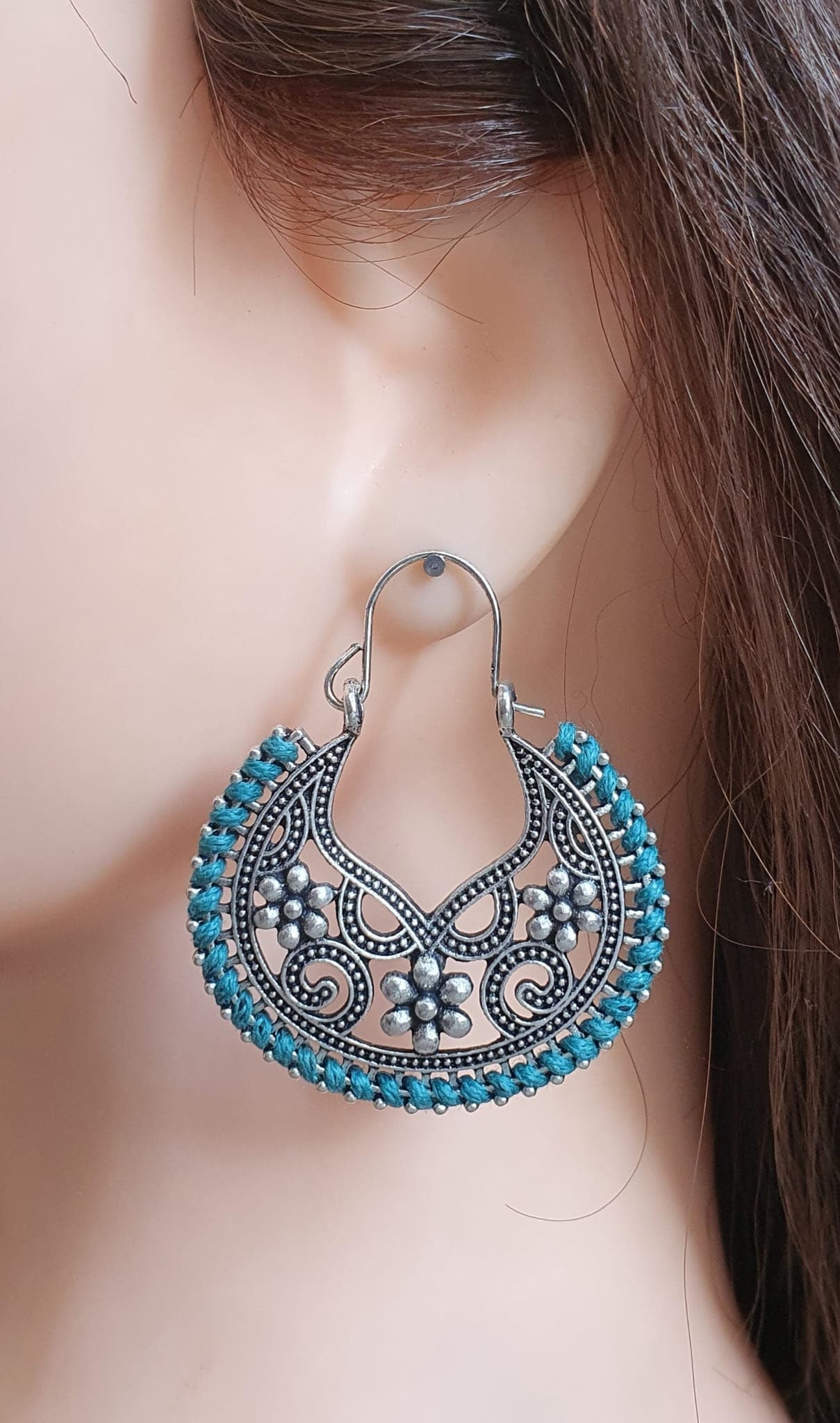 Silver Round Green Thread Cut Out Hoop Earrings