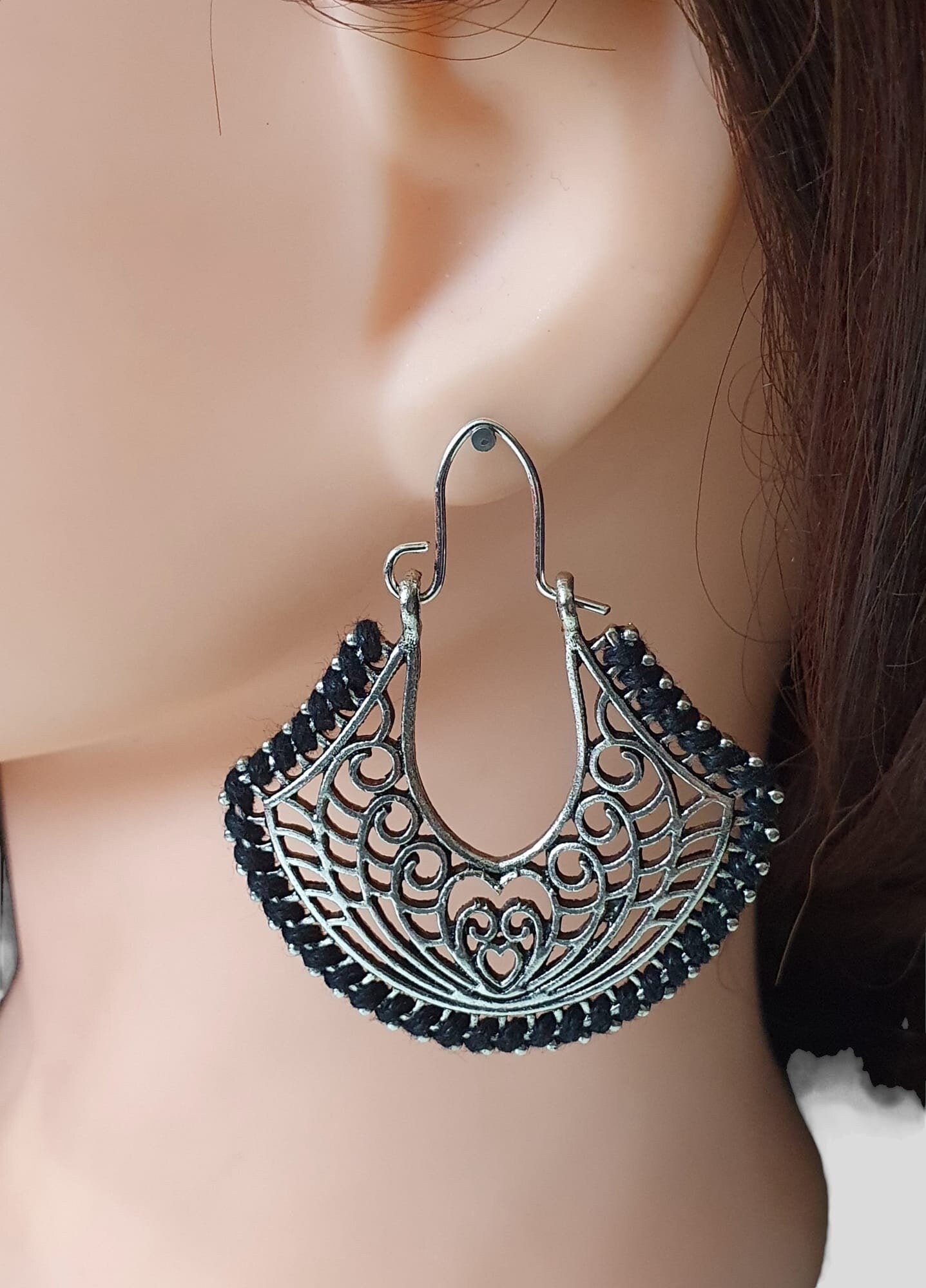 Silver Black Bohemian Wrapped Thread Heart Cut Out Hoop Earrings