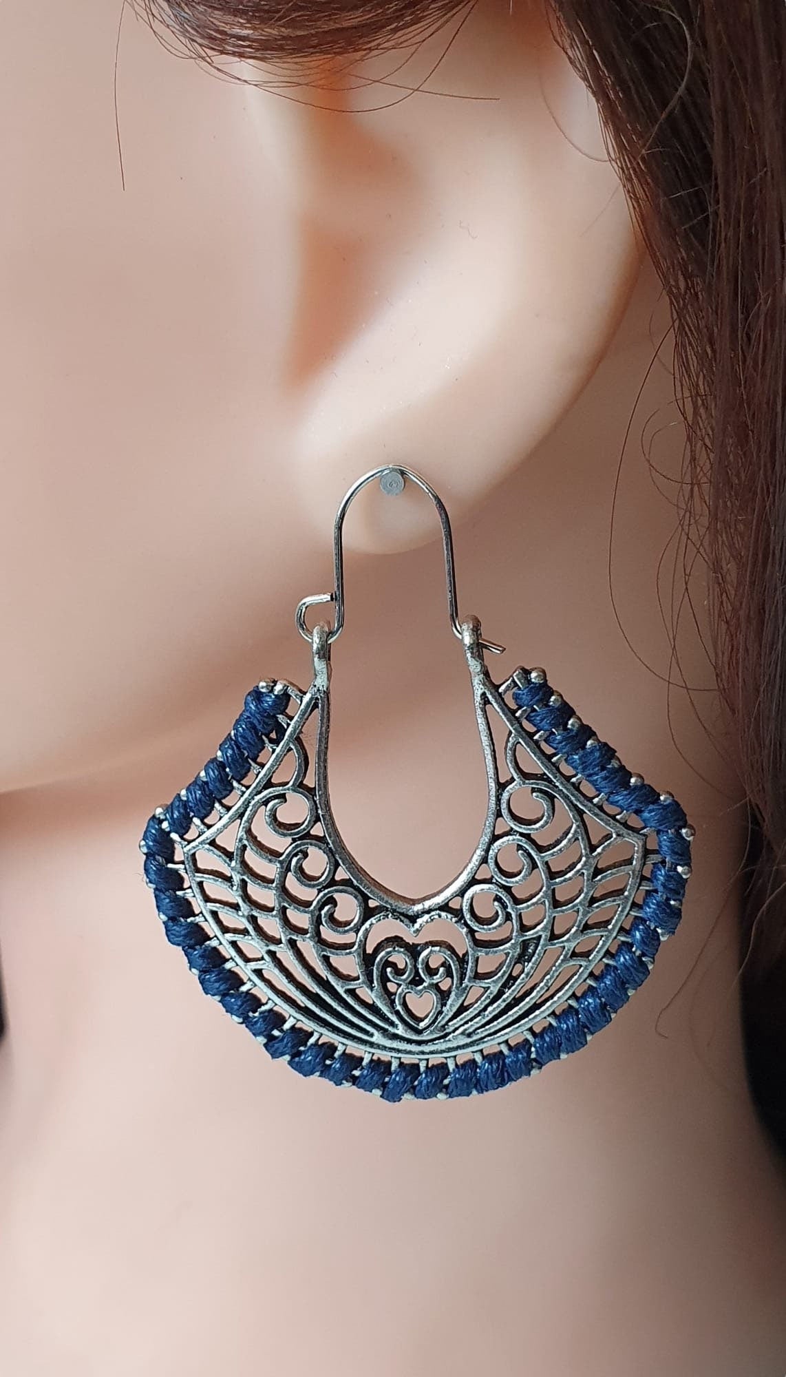 Silver Navy Bohemian Wrapped Thread Heart Cut Out Hoop Earrings
