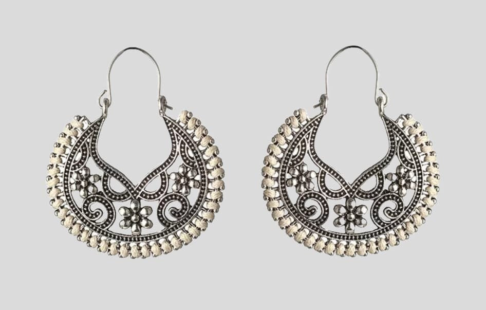 Round Silver Off-White Rope Bohemian Flower Cut-Out Hoops