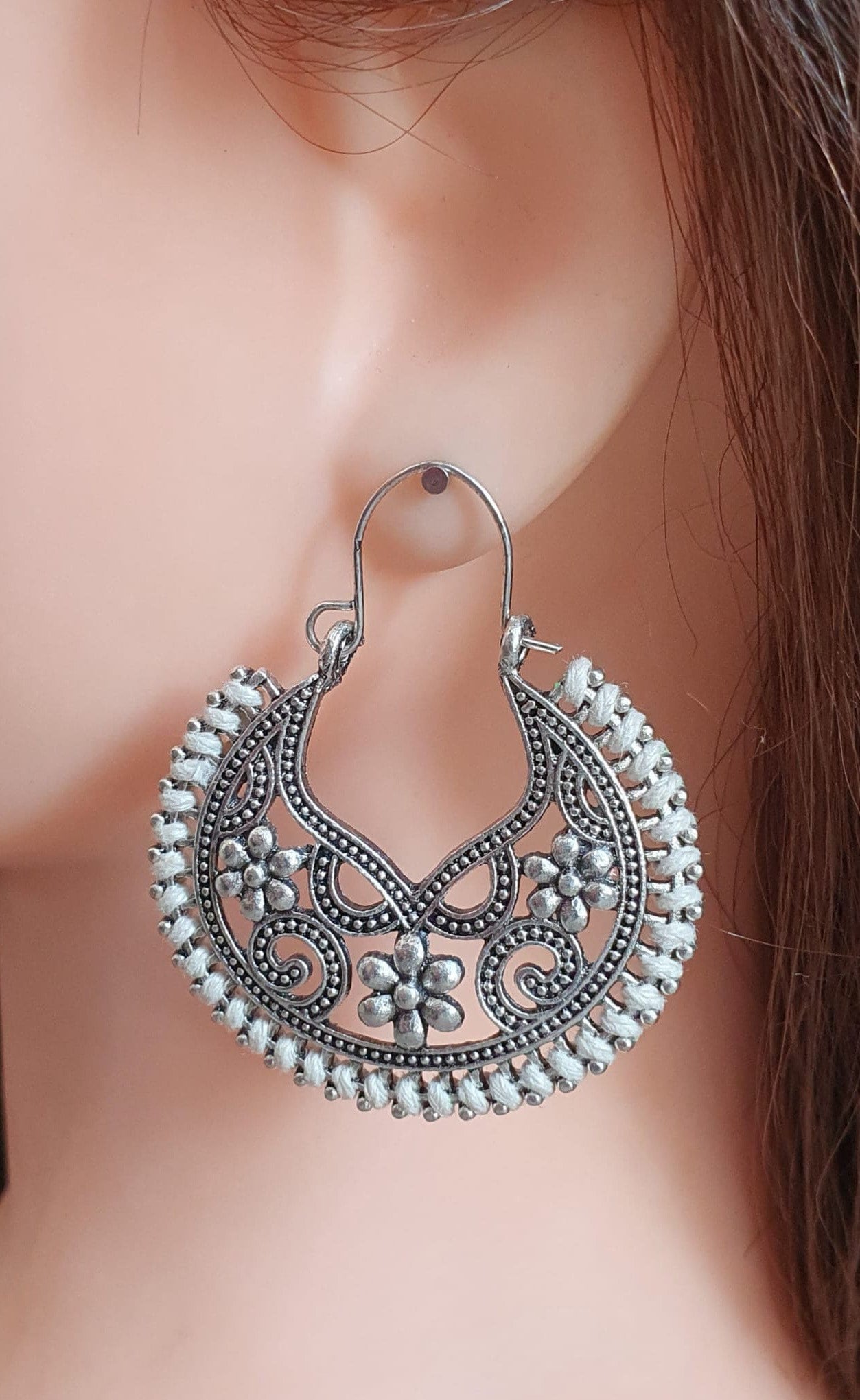Round Silver Off-White Rope Bohemian Flower Cut-Out Hoops