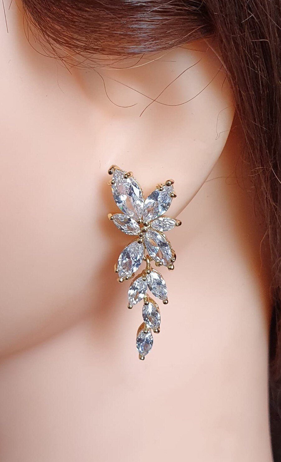 Silver Swarovski Crystal Flower Leaf Long Drop Earrings