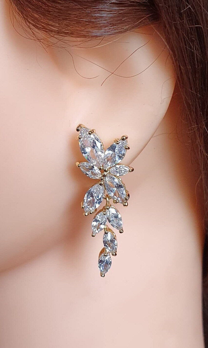 Gold Dangle Flower Leaf Swarovski Crystal Drop Earrings