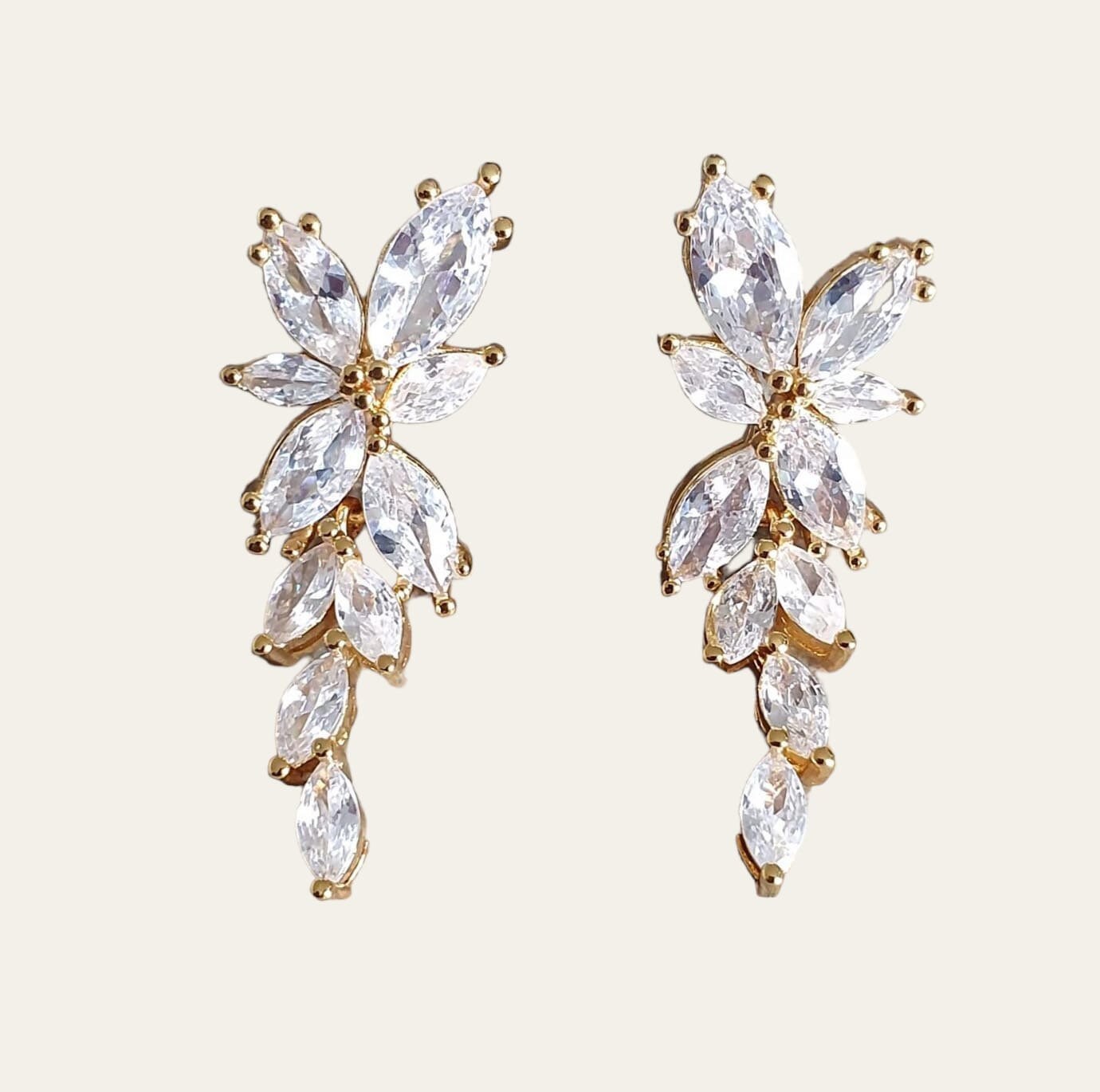 Gold Dangle Flower Leaf Swarovski Crystal Drop Earrings