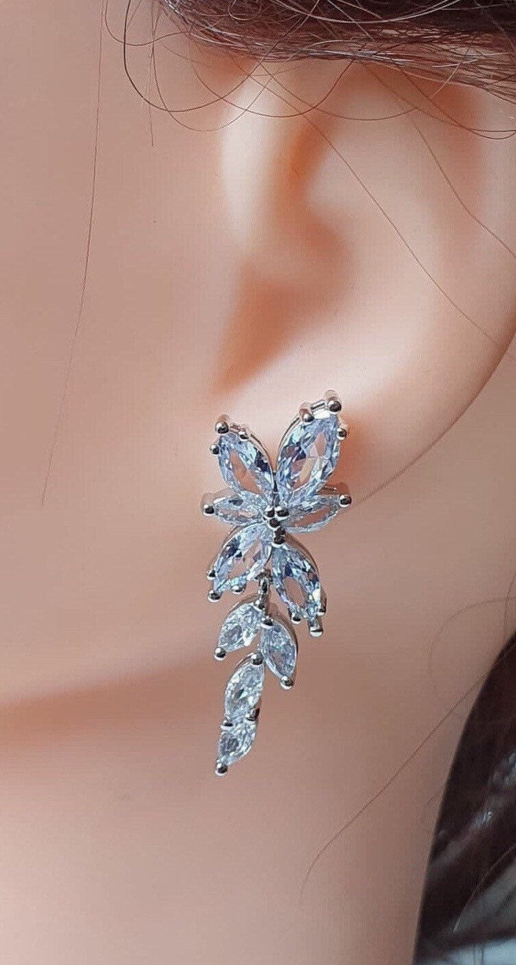 Silver Swarovski Crystal Flower Leaf Long Drop Earrings