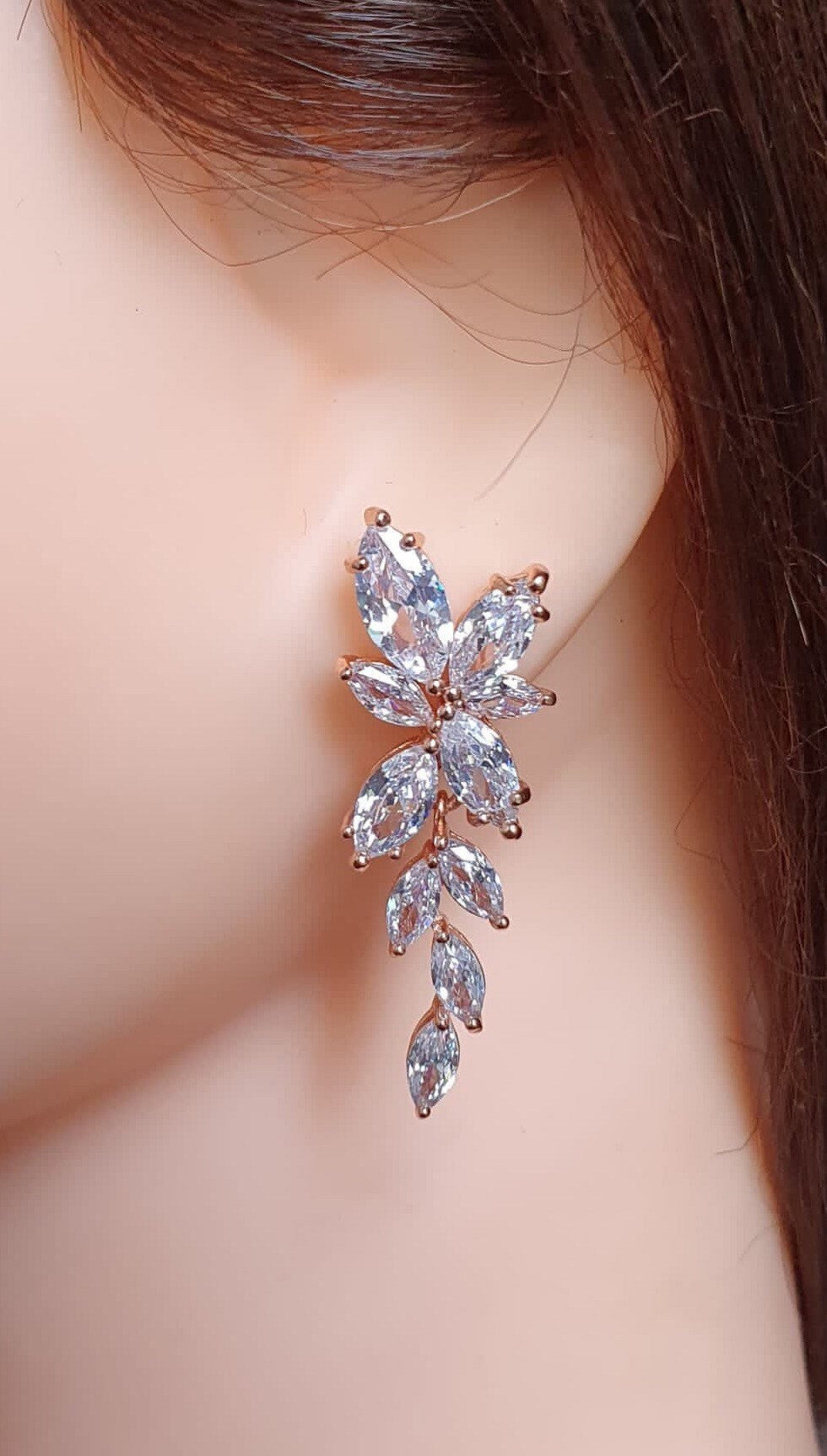 Silver Swarovski Crystal Flower Leaf Long Drop Earrings