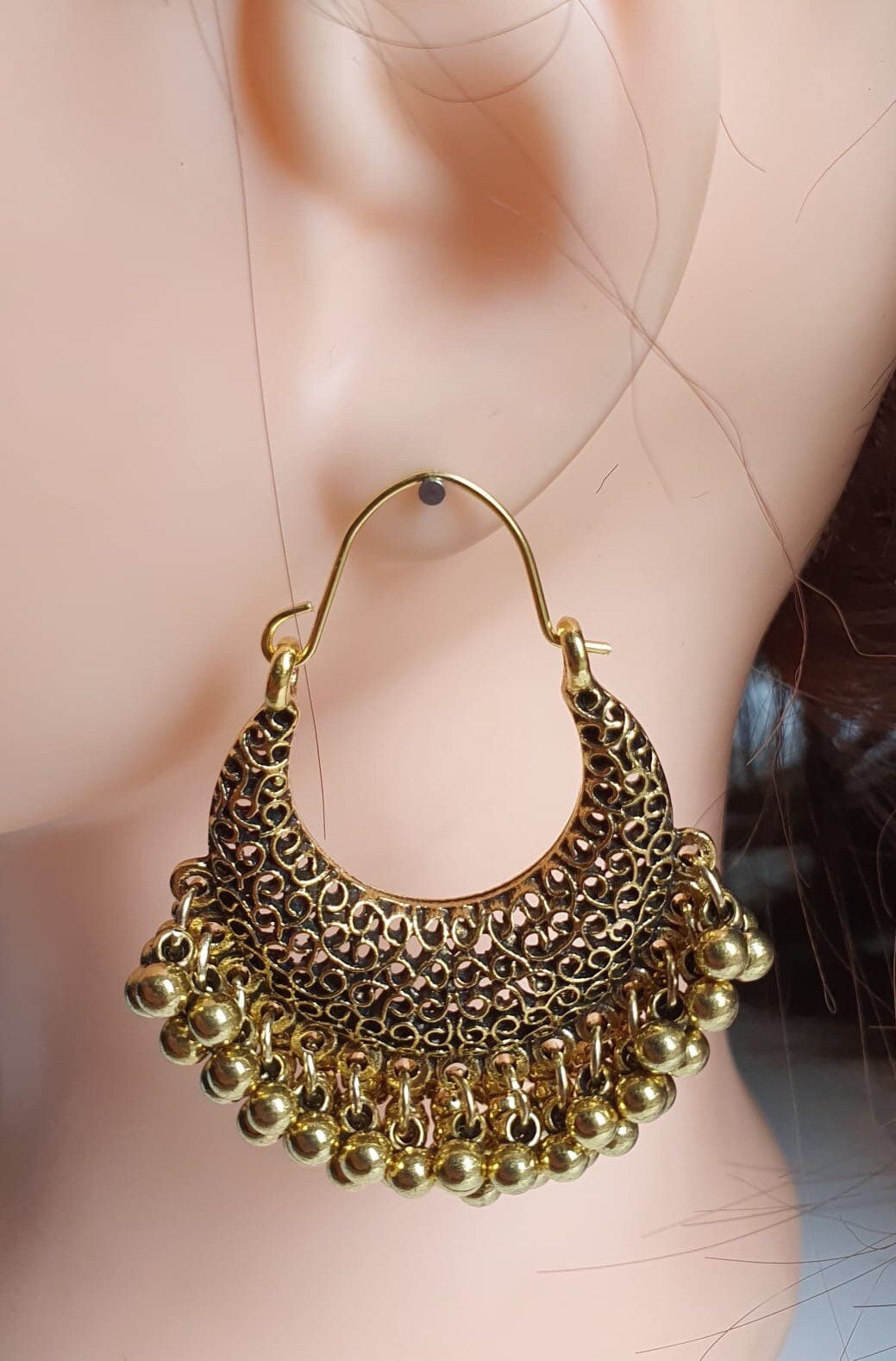 Large Antique Gold Bohemian Dangle Hoop Earrings