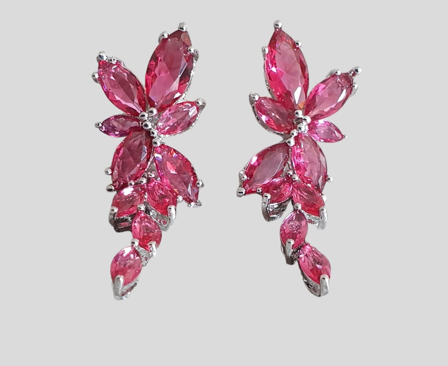 Silver Pink Swarovski Crystal Long Flower Leaf Crystal Drop Earrings