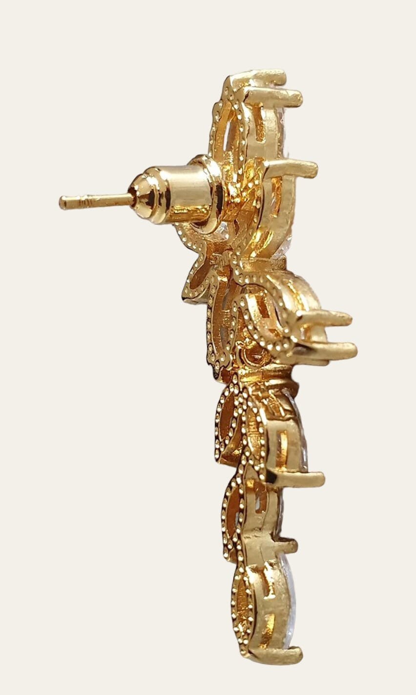 Gold Dangle Flower Leaf Swarovski Crystal Drop Earrings