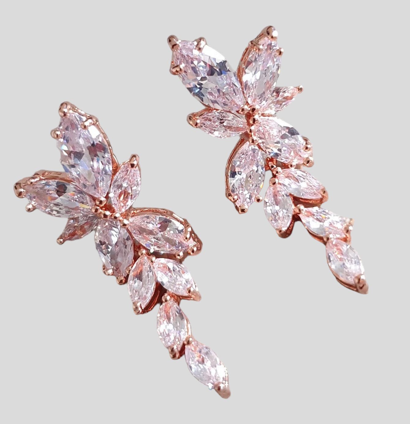 Rose Gold Swarovski Crystal Flower Leaf Long Drop Earrings