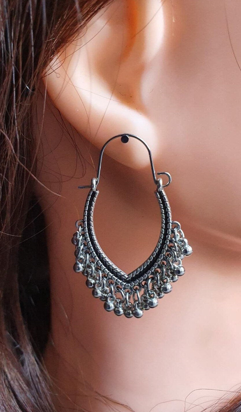 Silver Large Bohemian Ball Hoop Earrings