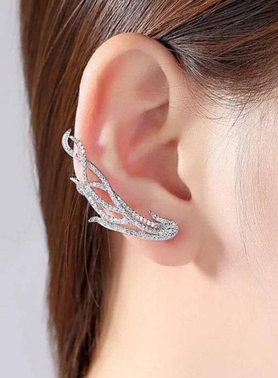 Large Leaf Silver Swarovski Crystal Feather Ear Cuff Earrings